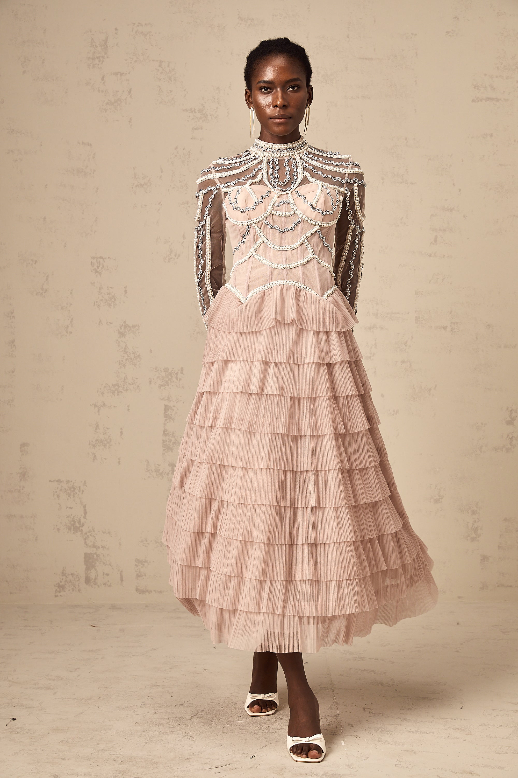 Paula pink bead tiered semi-sheer gown