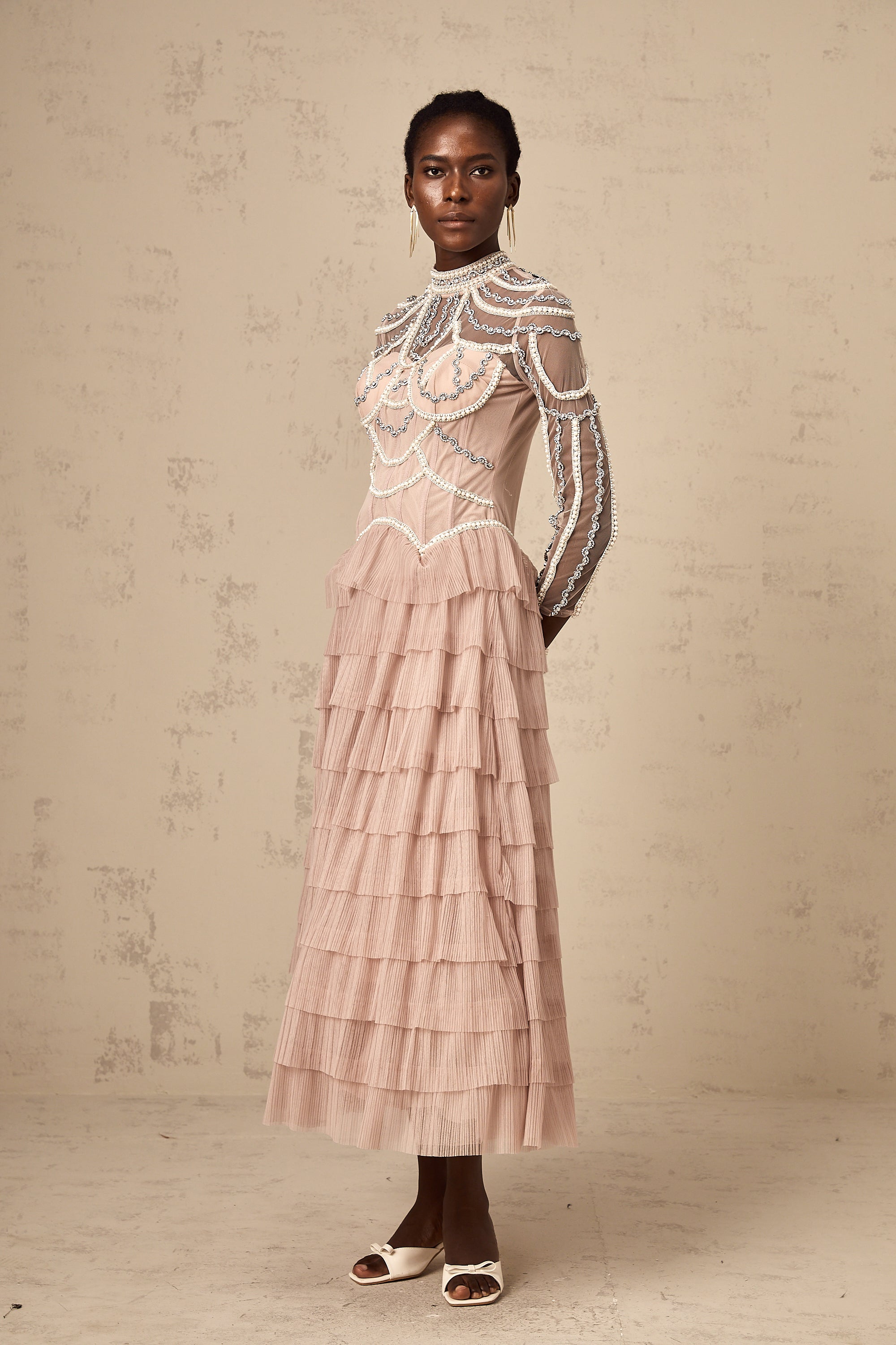 Paula pink bead tiered semi-sheer gown