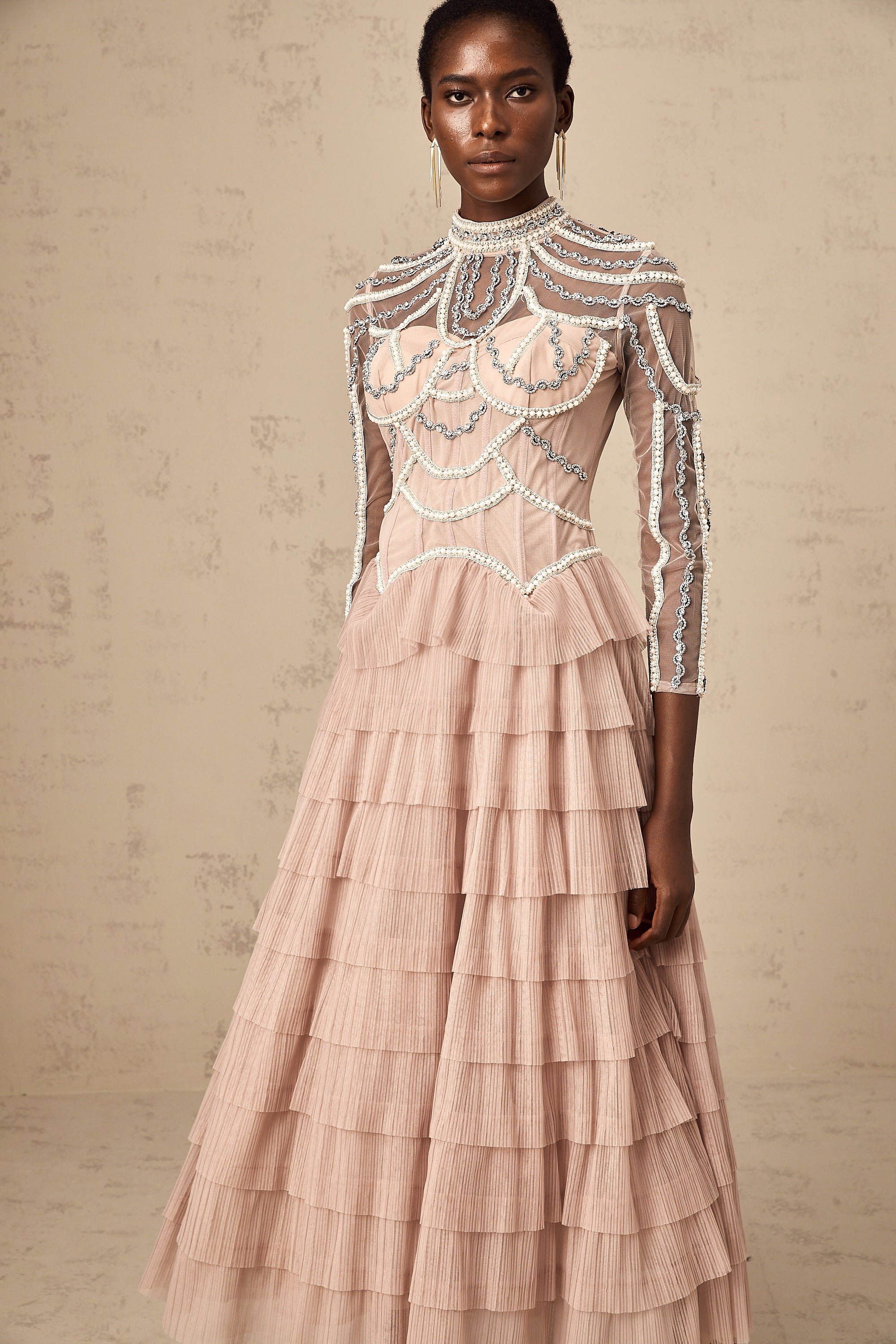 Paula pink bead tiered semi-sheer gown