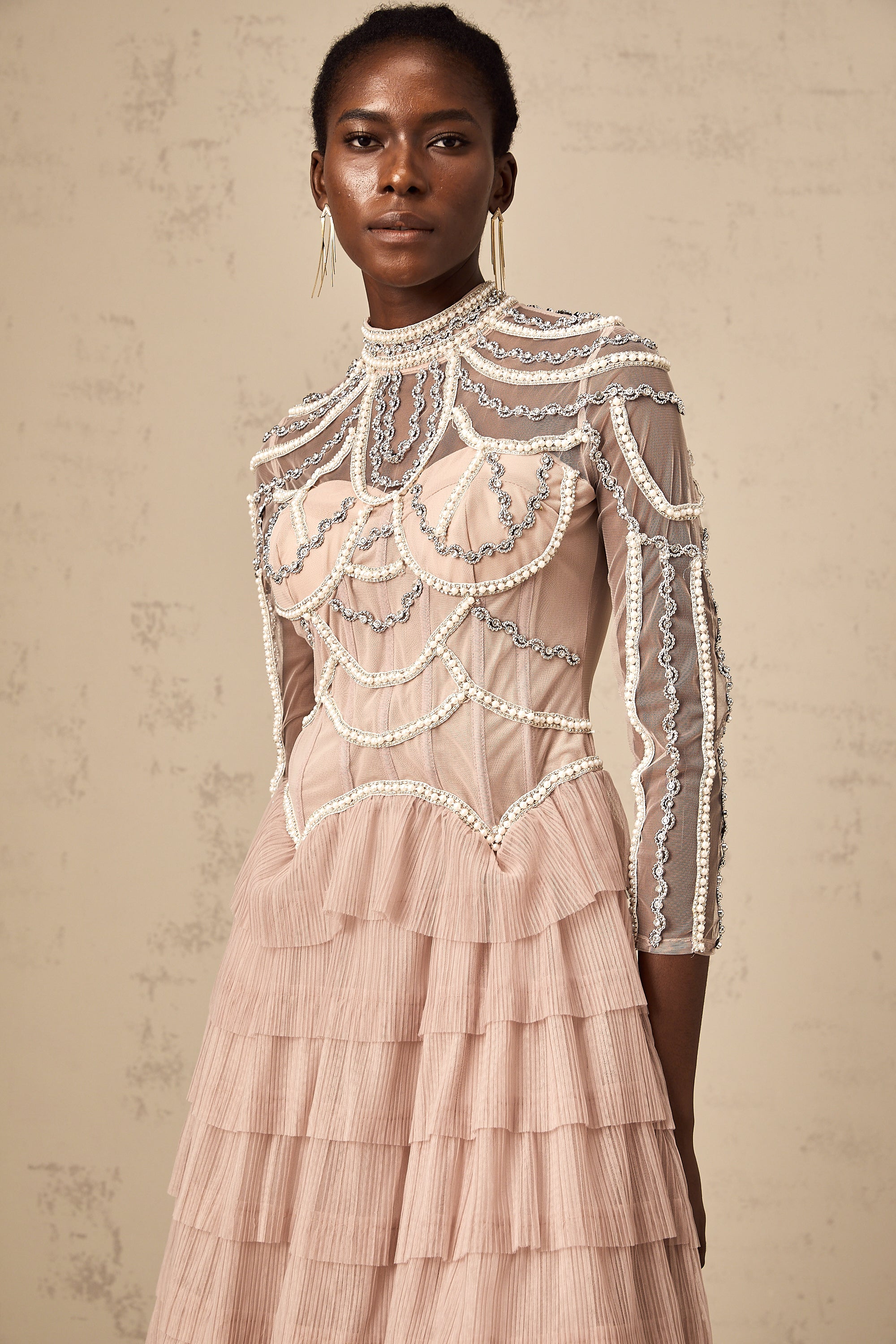 Paula pink bead tiered semi-sheer gown