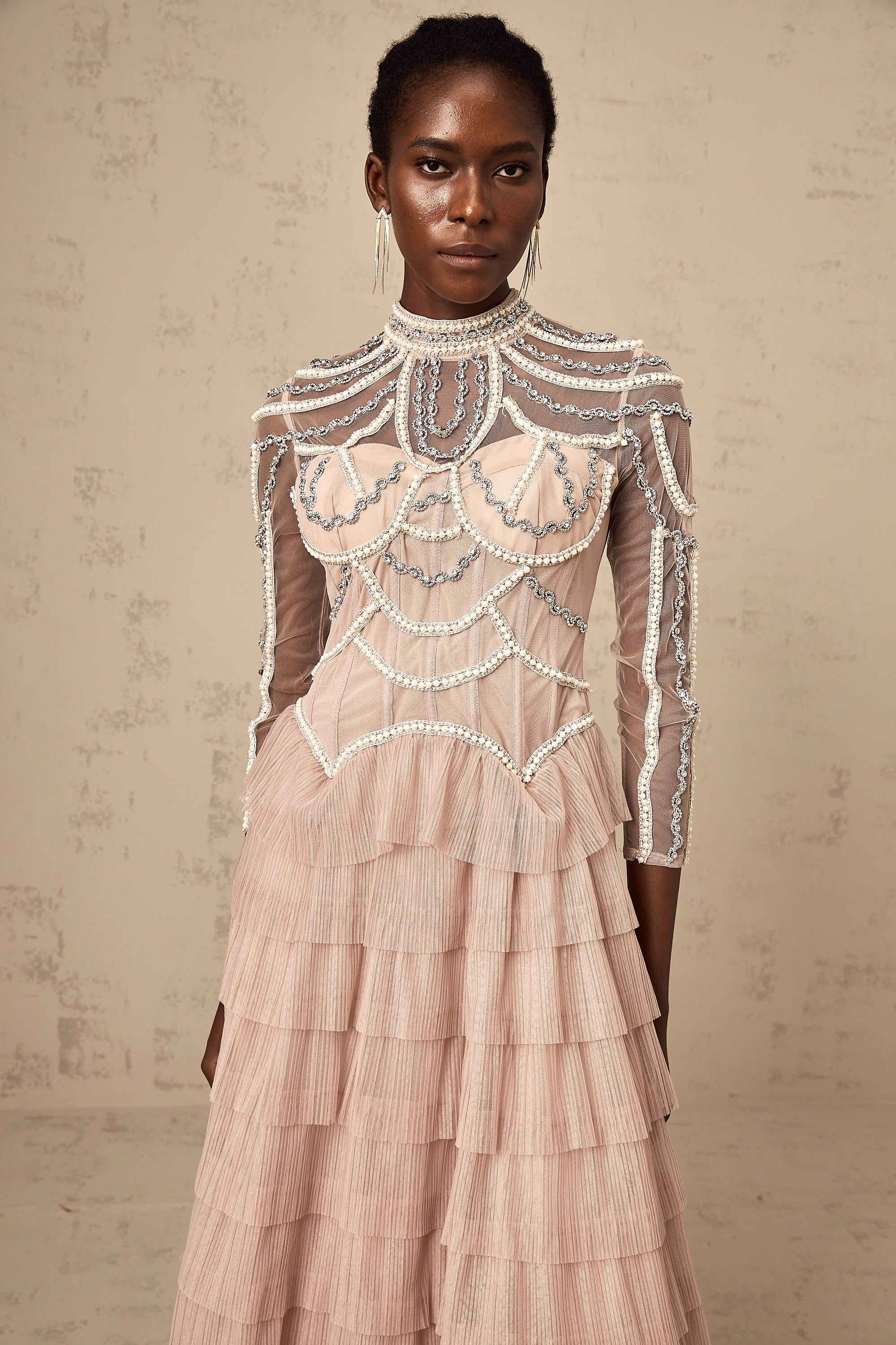 Paula pink bead tiered semi-sheer gown