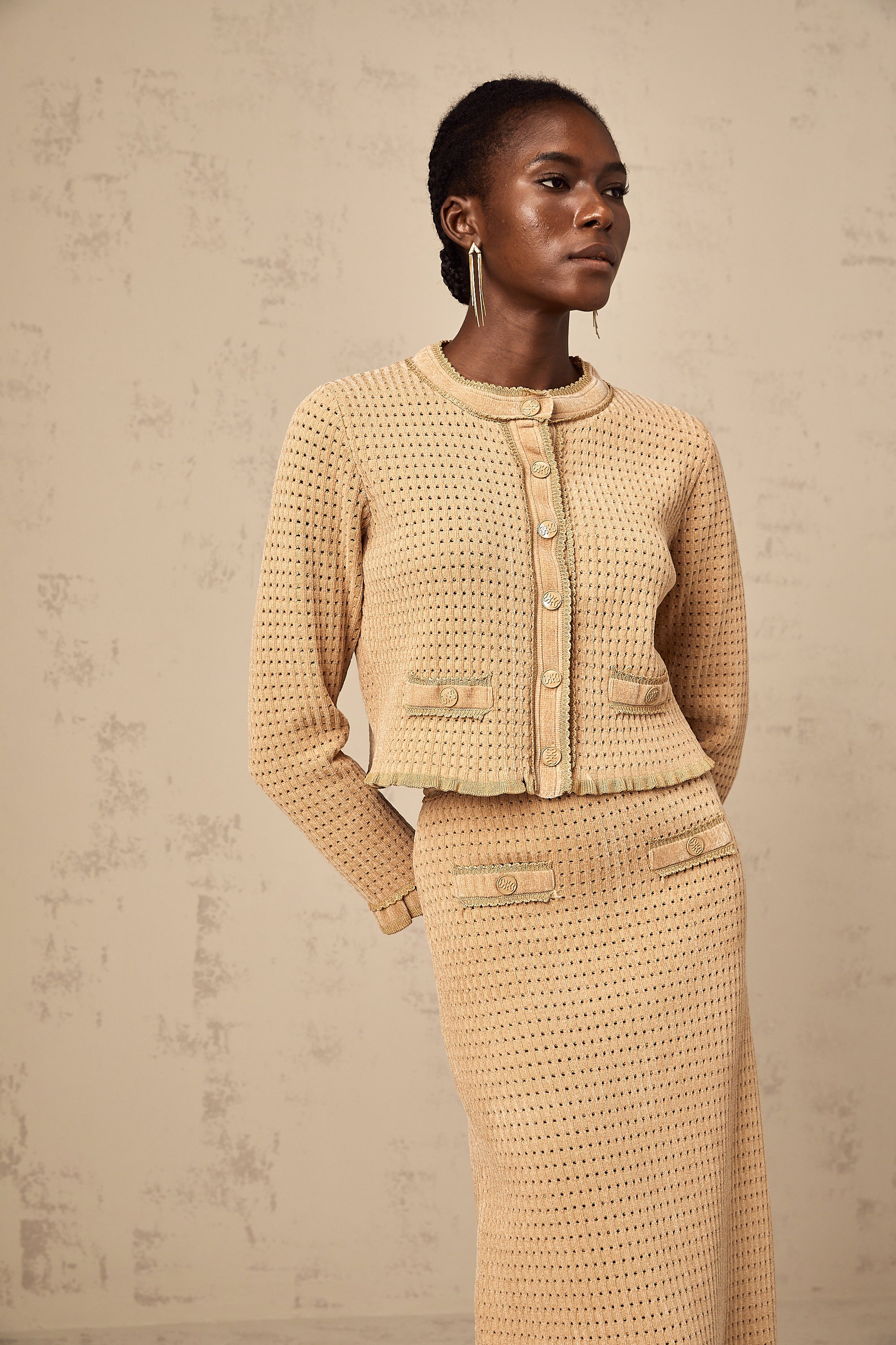 Léna khaki knitted cardigan & skirt matching set