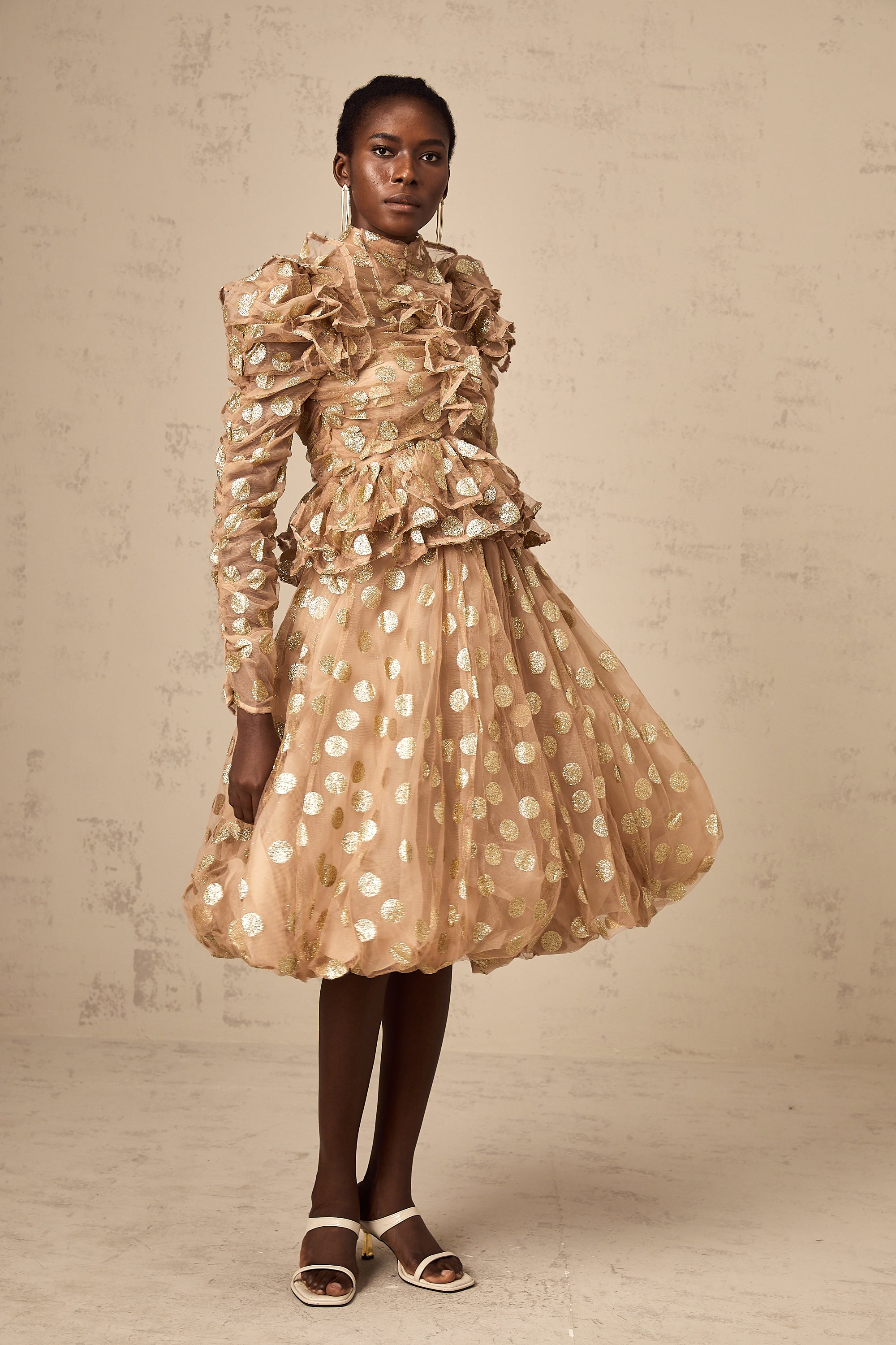 Frida polka-dot ruffled sequined tulle blouse & skirt matching set