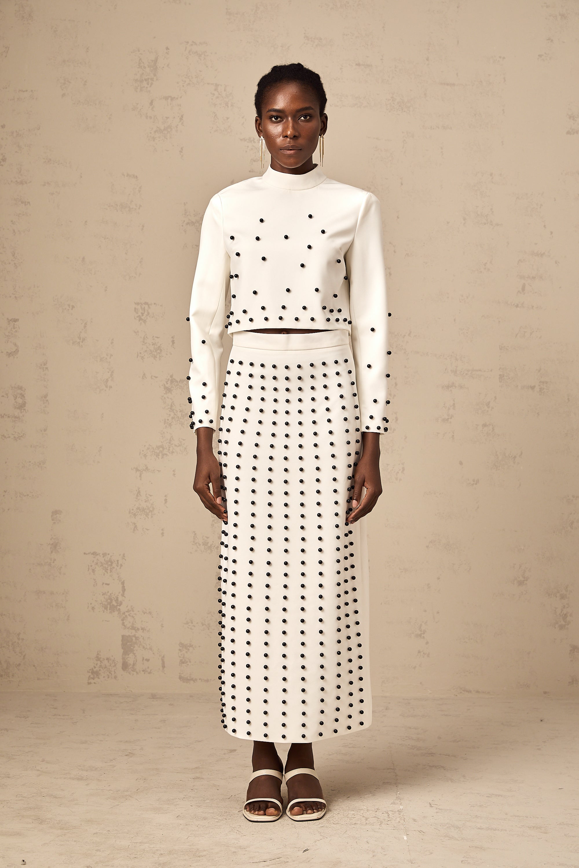 Marjolaine white faux-pearl top & skirt matching set