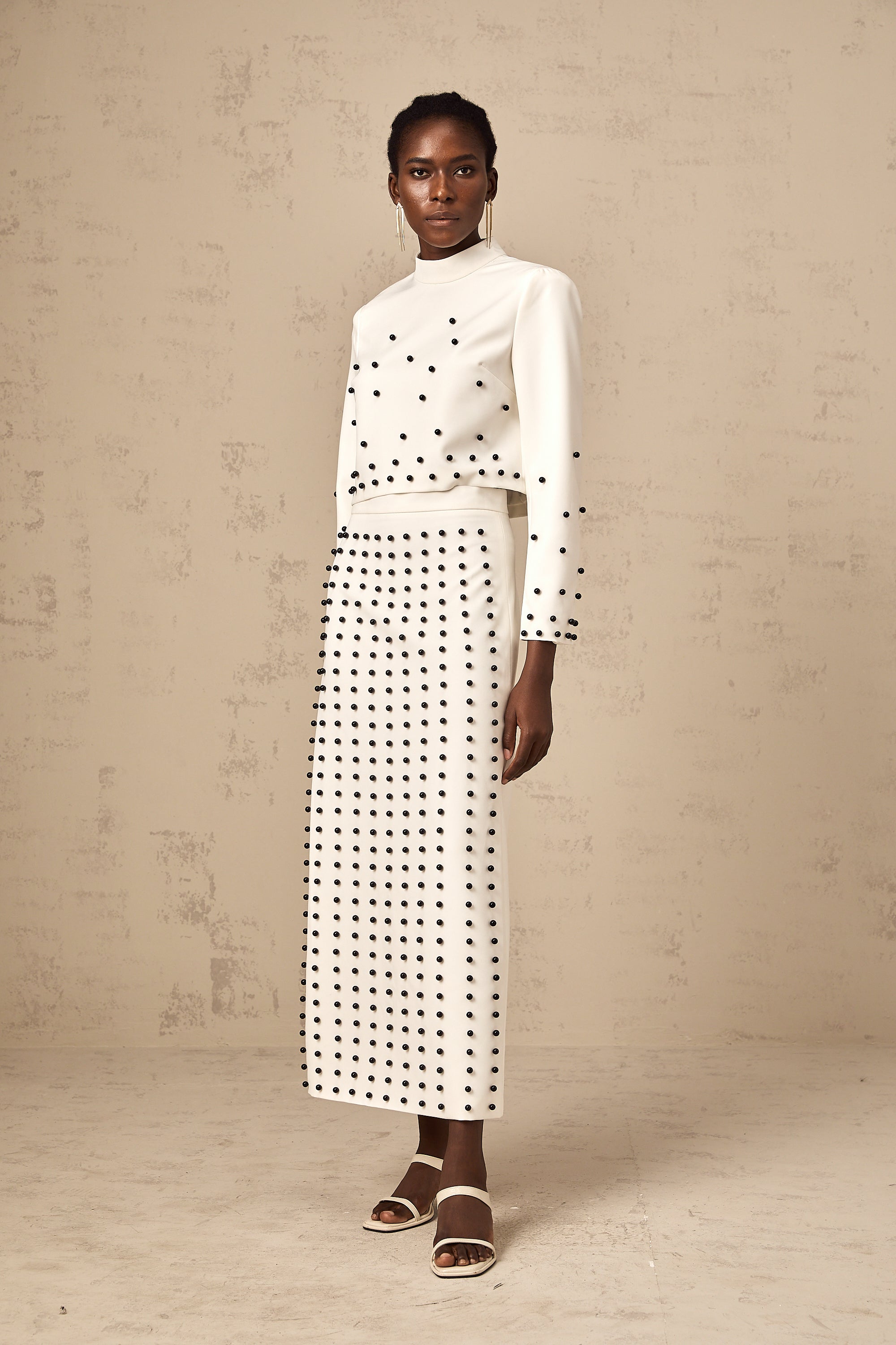 Marjolaine white faux-pearl top & skirt matching set