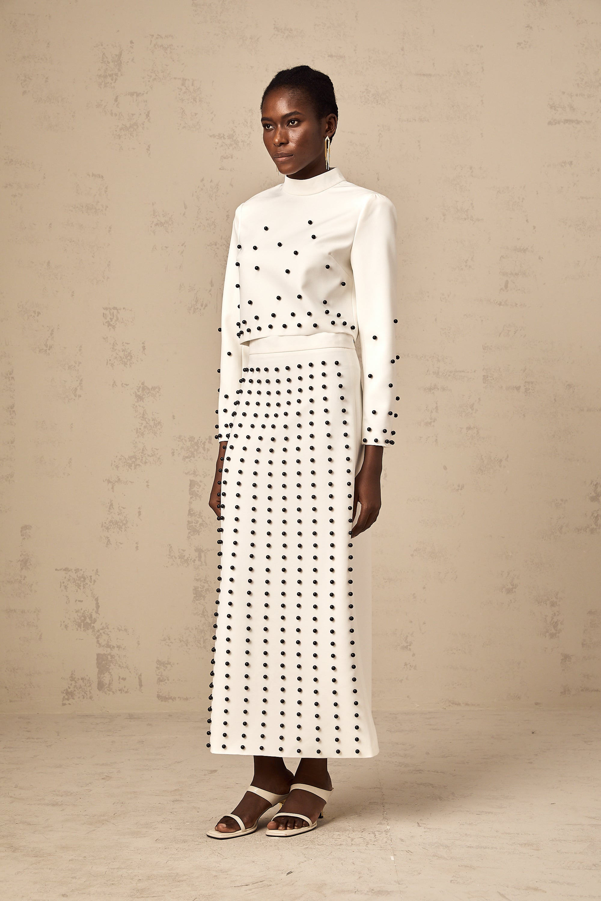 Marjolaine white faux-pearl top & skirt matching set