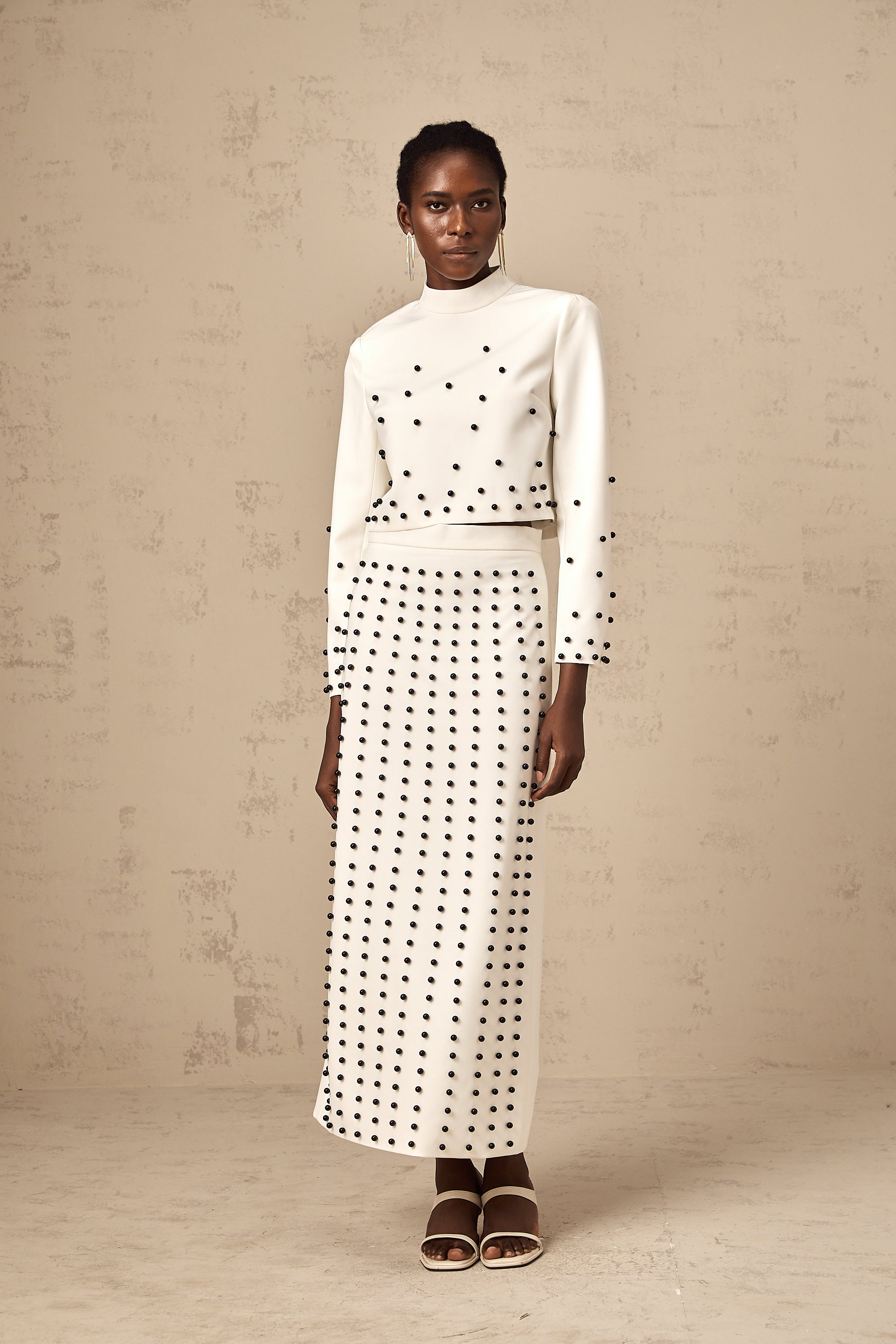 Marjolaine white faux-pearl top & skirt matching set