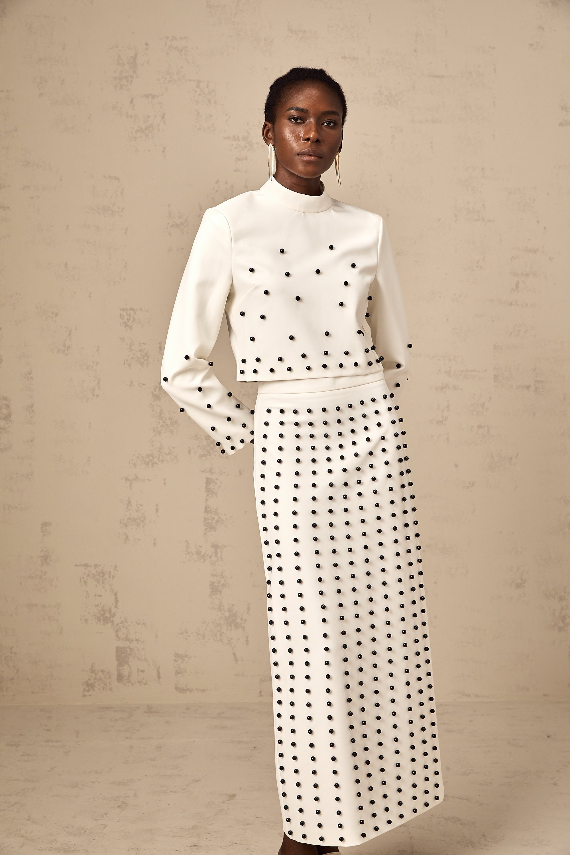 Marjolaine white faux-pearl top & skirt matching set