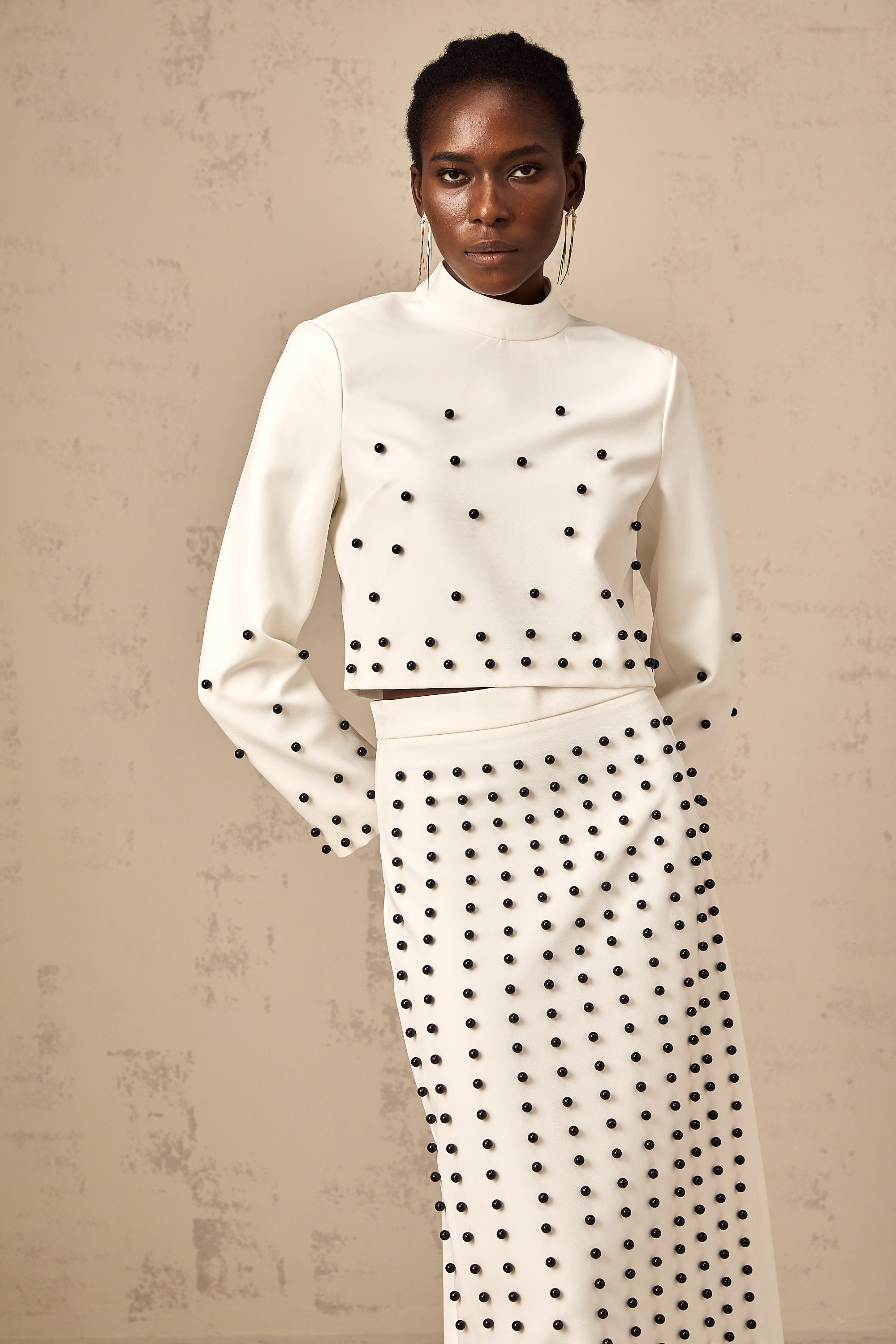 Marjolaine white faux-pearl top & skirt matching set