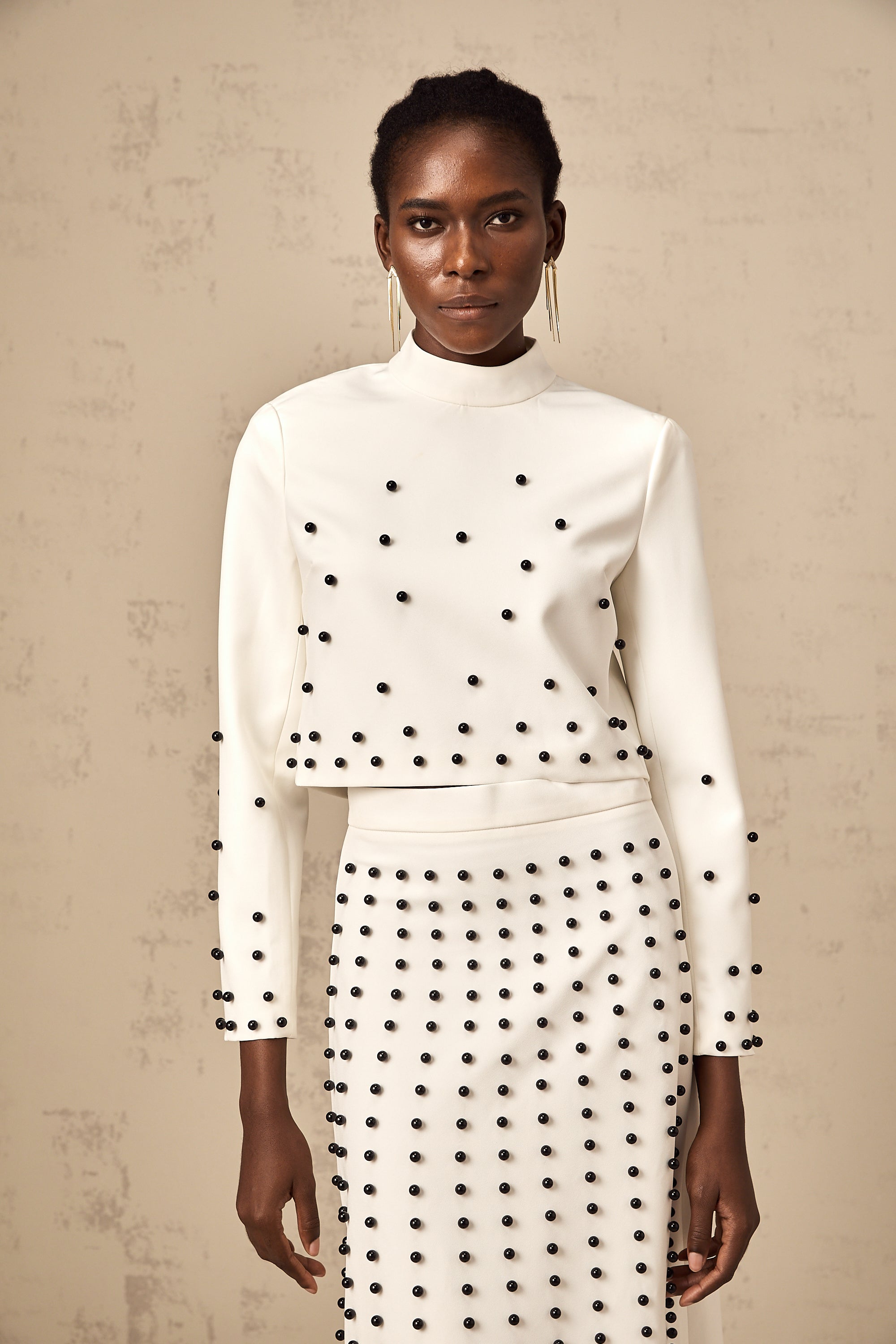 Marjolaine white faux-pearl top & skirt matching set