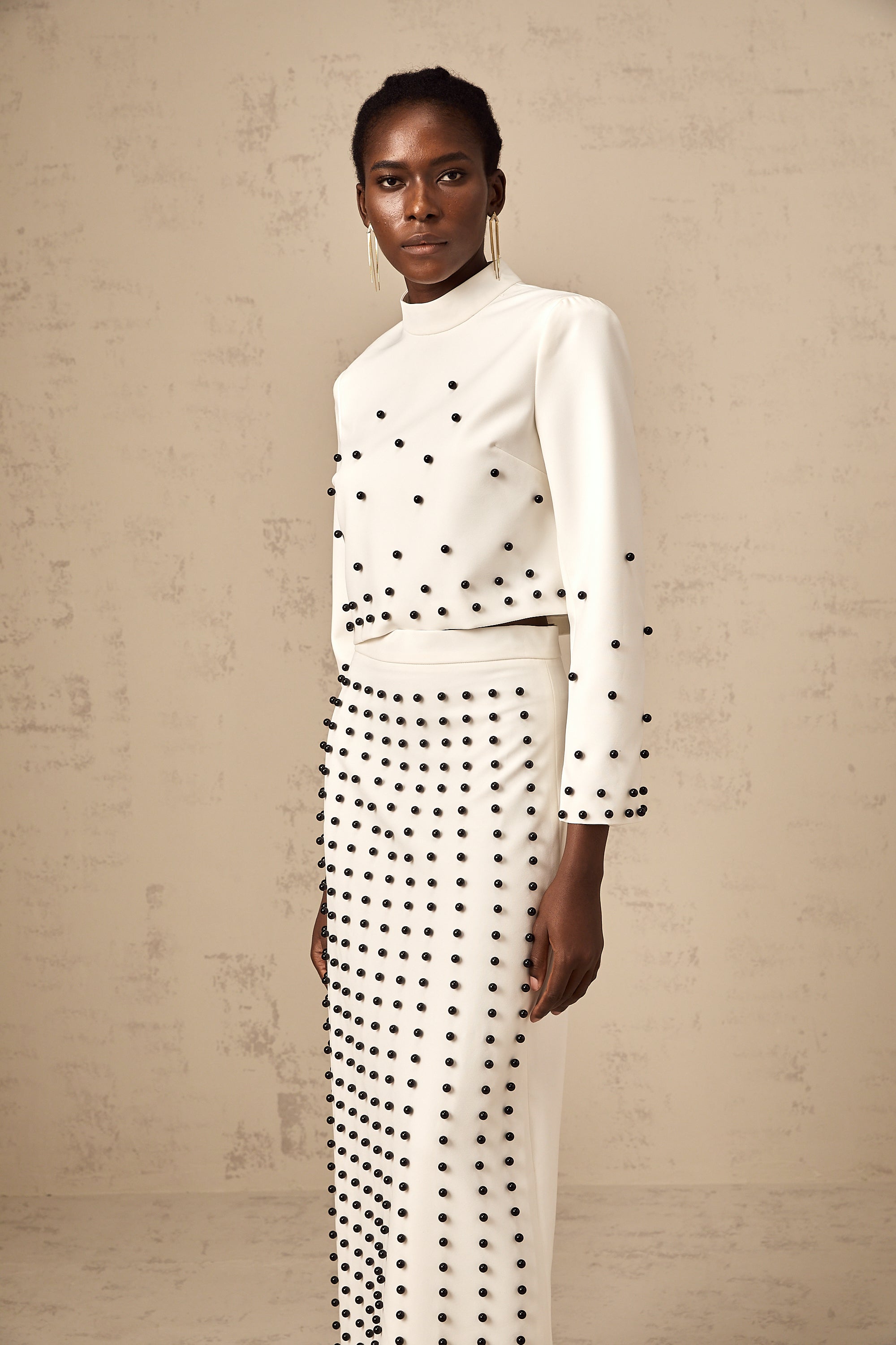 Marjolaine white faux-pearl top & skirt matching set