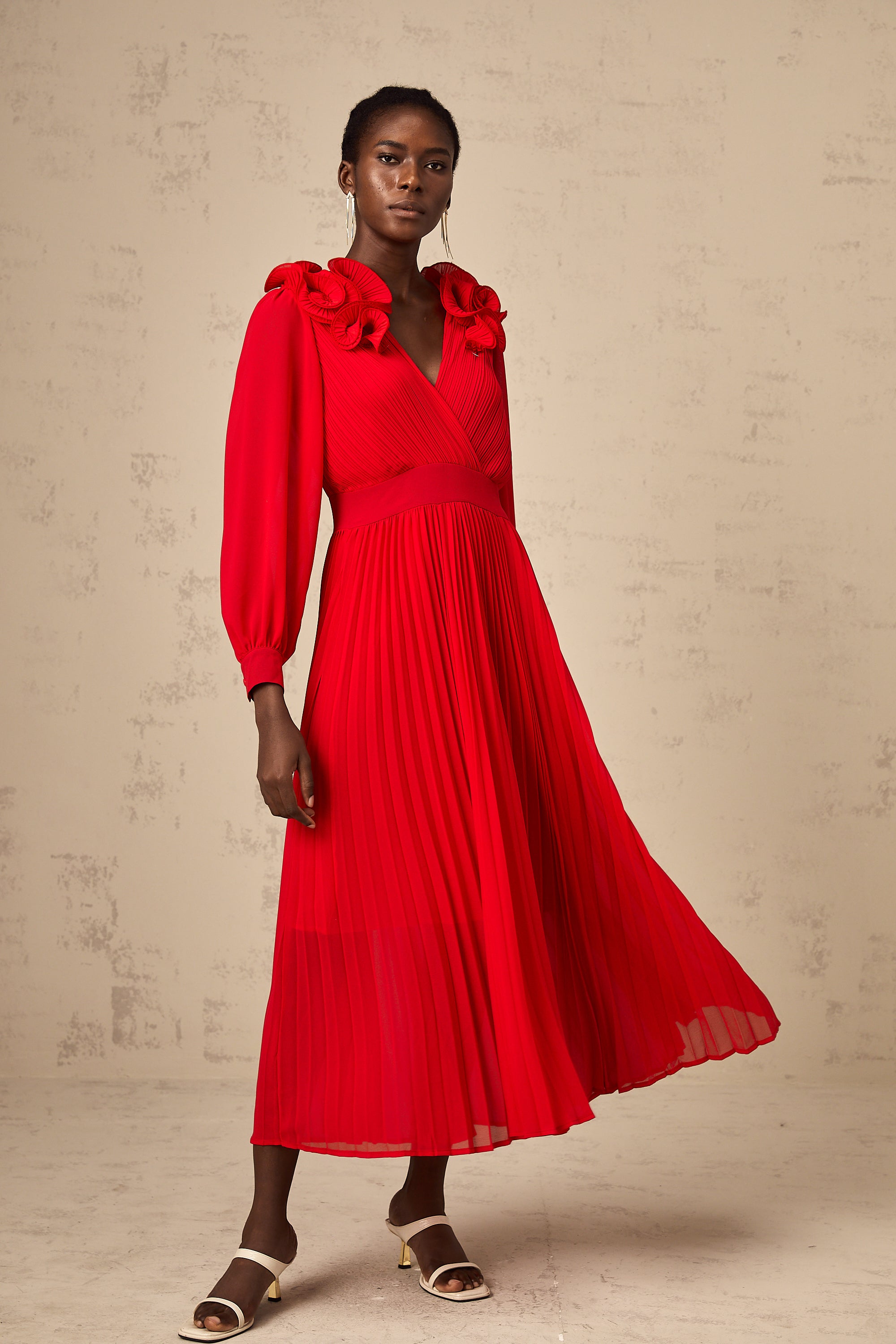 Mélina red floral-appliqué pleated midi dress