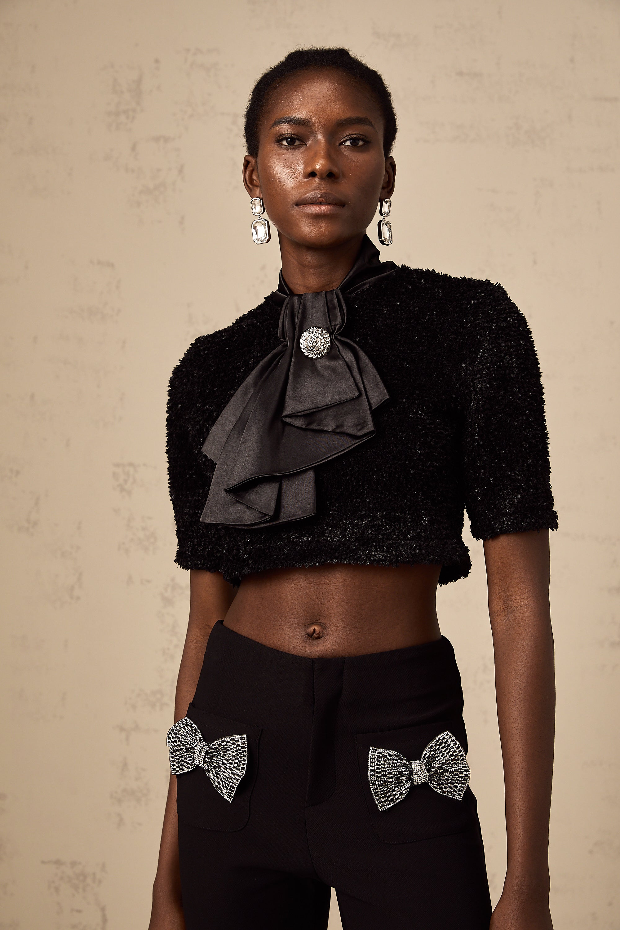 Annamaria bow-embellished furry cropped top