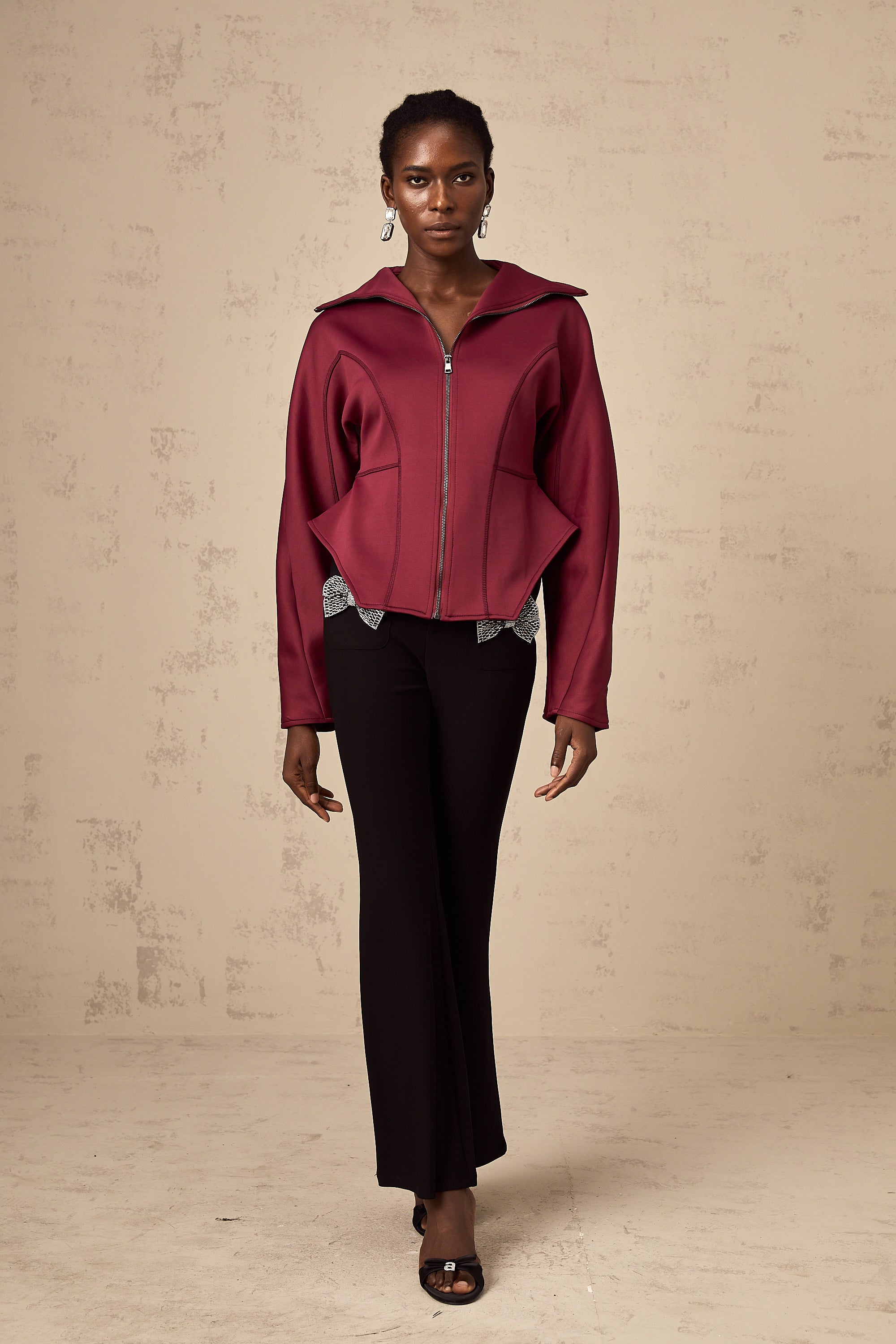 Manuela wine-red curved-hem jacket