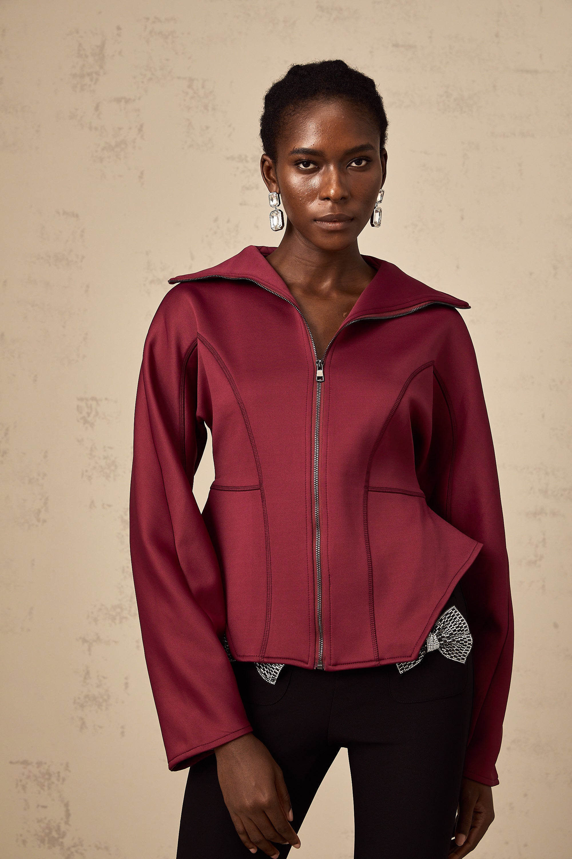 Manuela wine-red curved-hem jacket