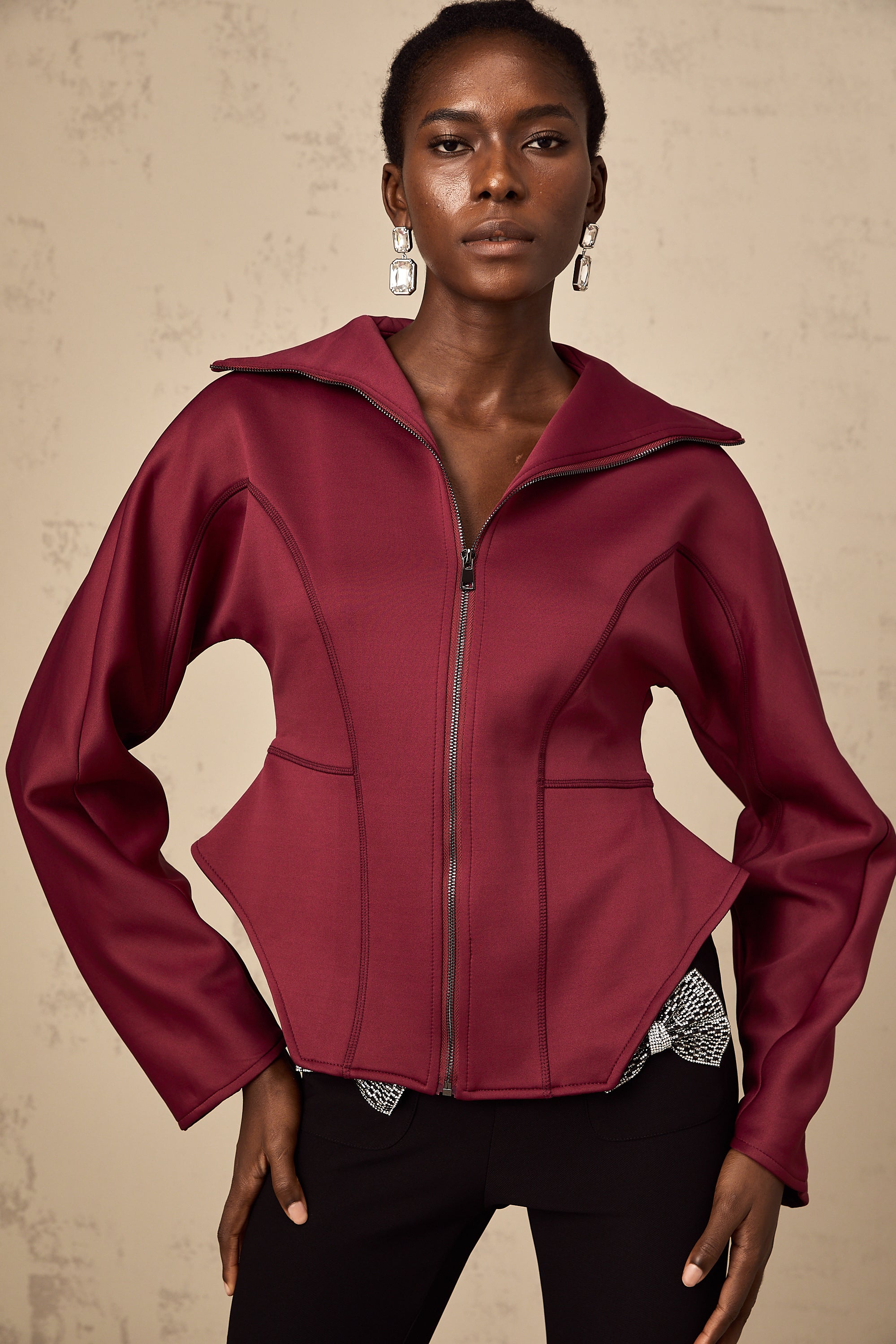 Manuela wine-red curved-hem jacket