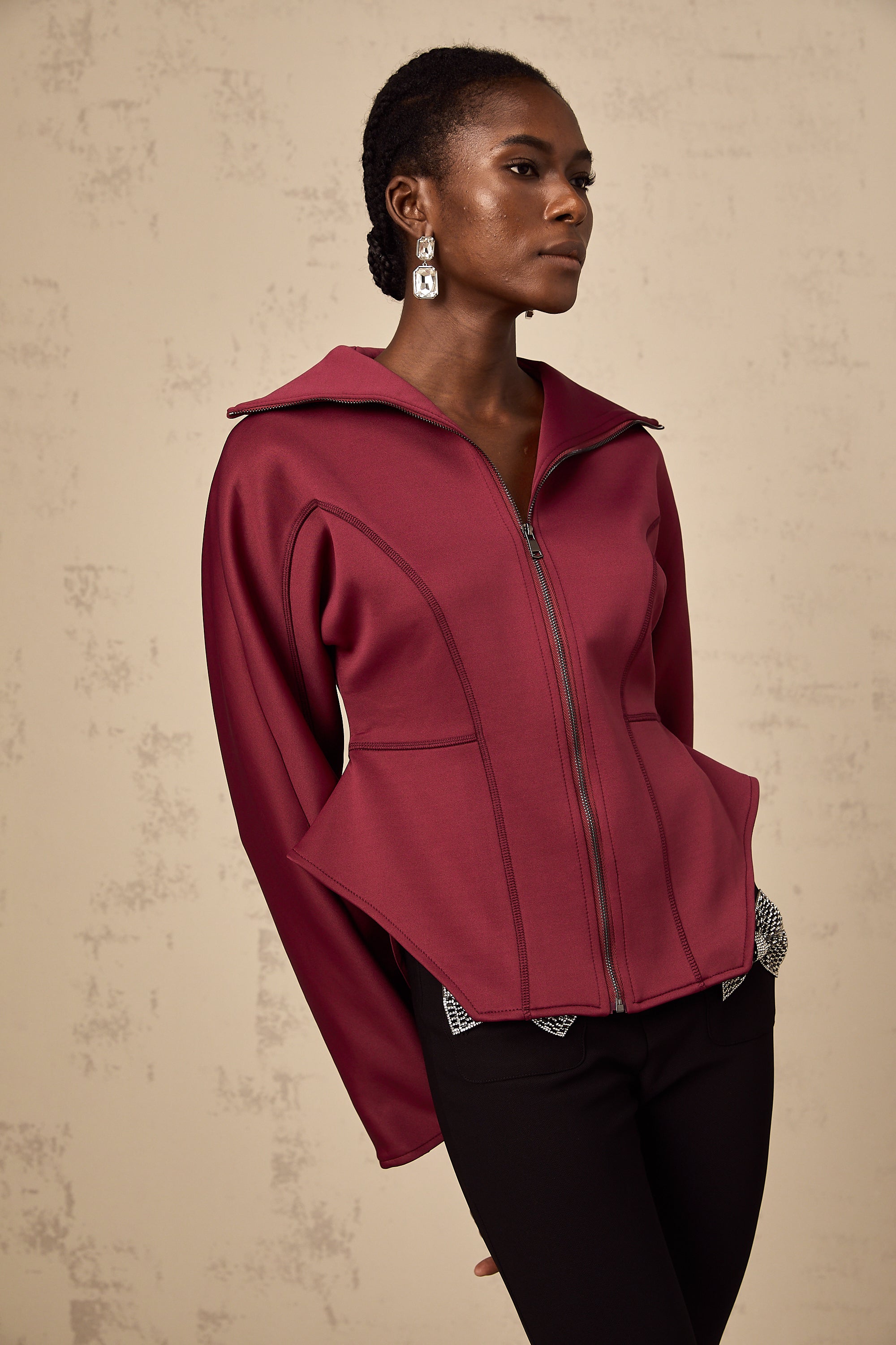 Manuela wine-red curved-hem jacket