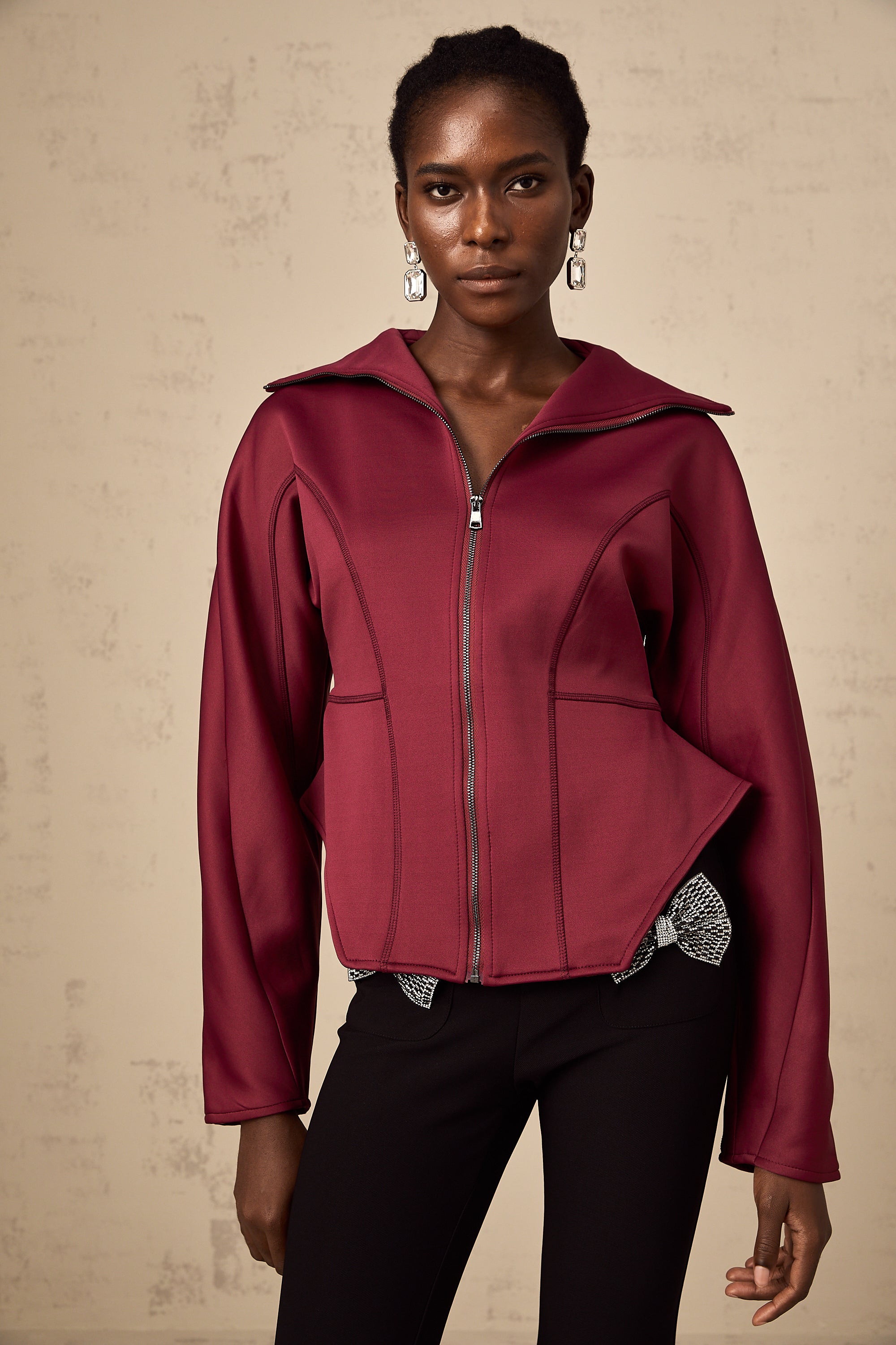 Manuela wine-red curved-hem jacket