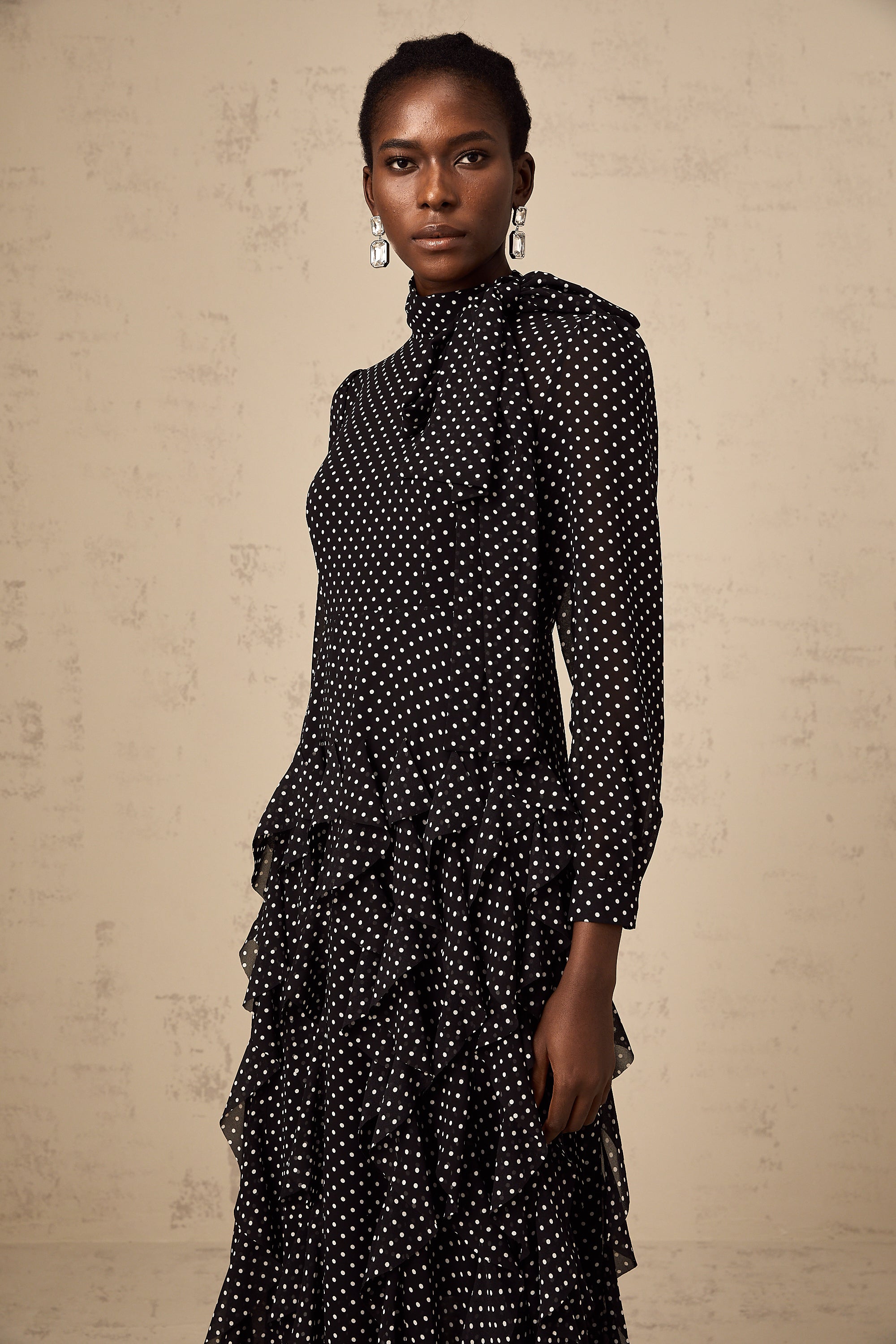 Coraline black polka-dot ruffled midi dress