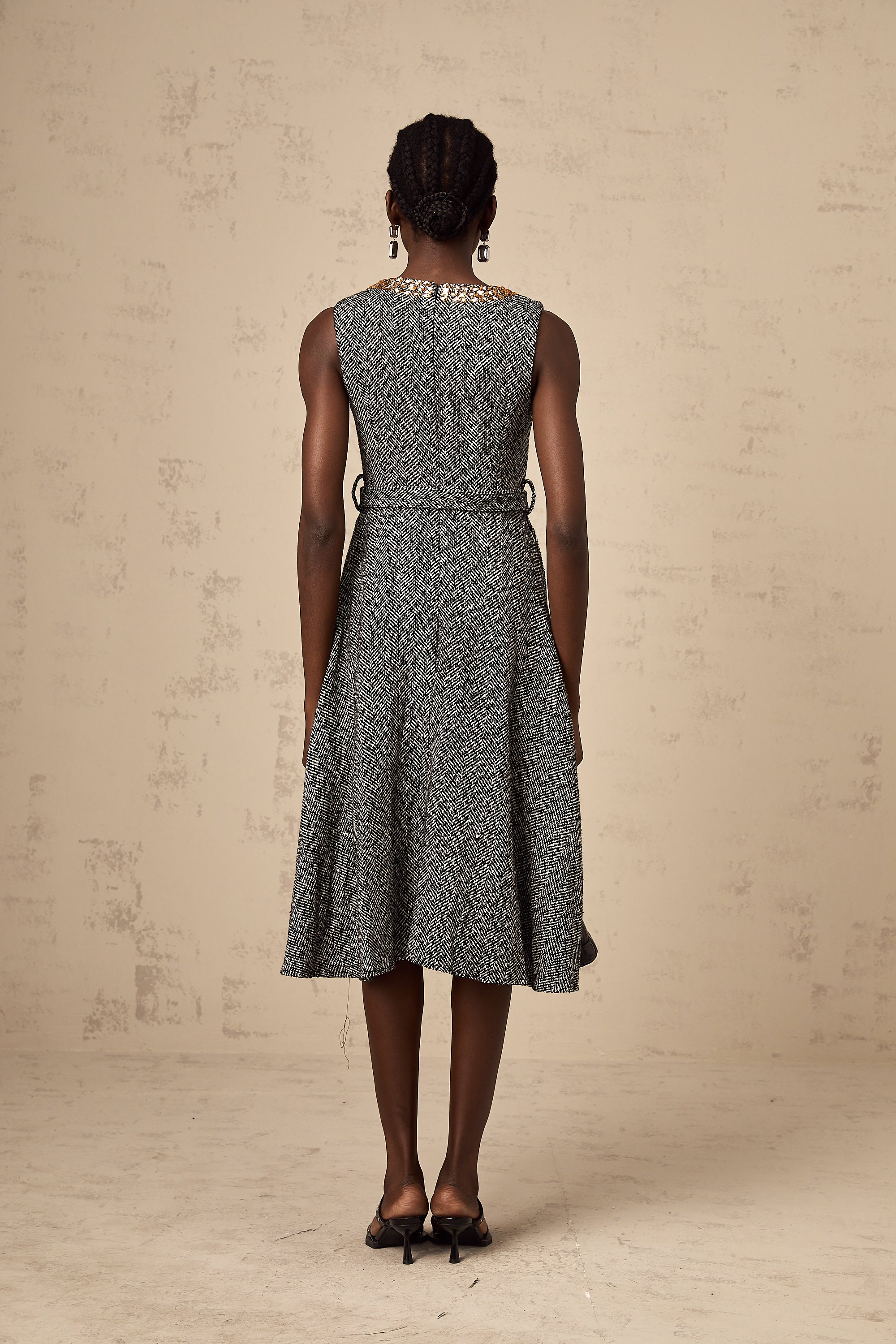 Valentine grey crystal sleeveless tweed midi dress