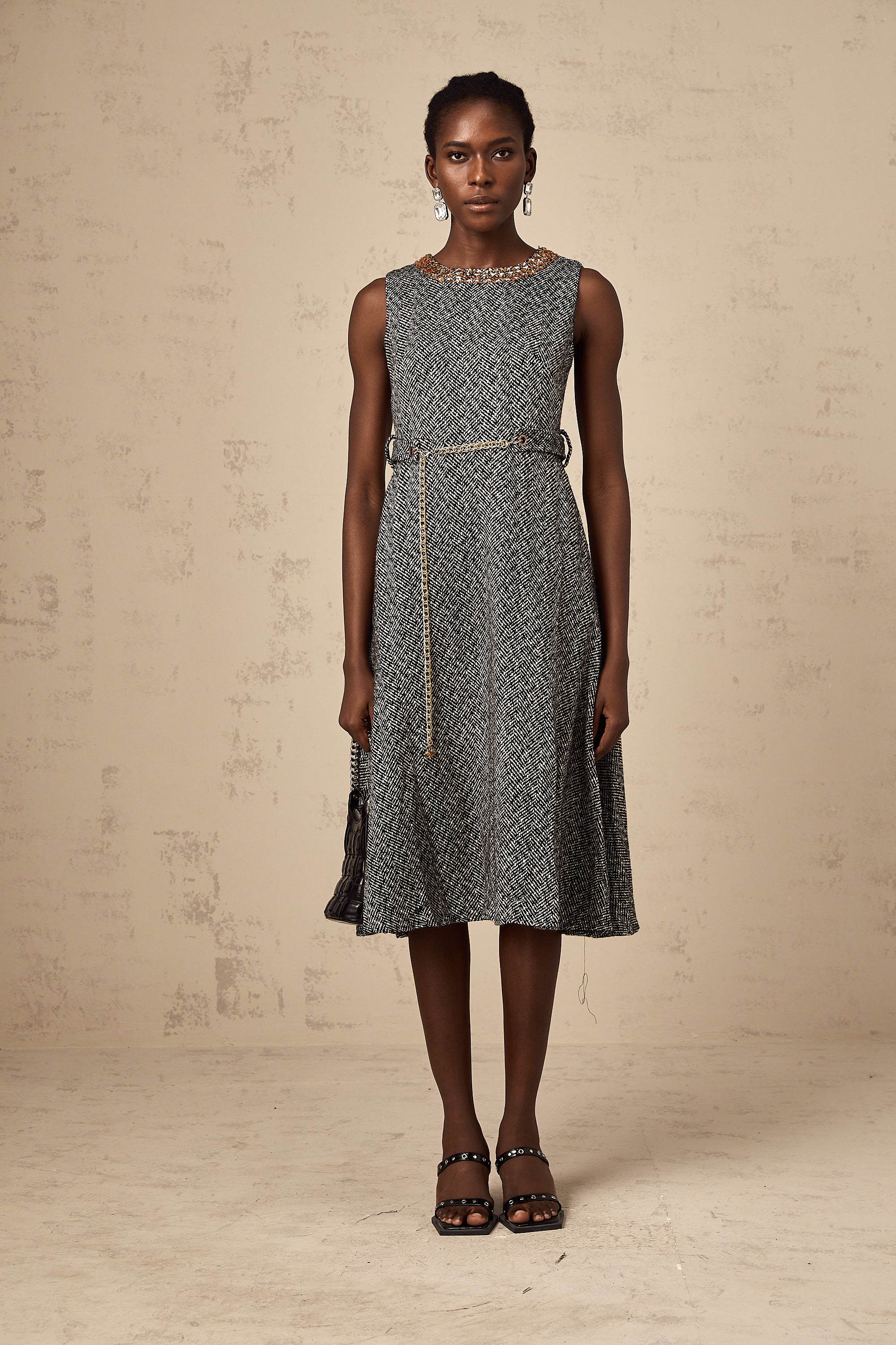 Valentine grey crystal sleeveless tweed midi dress