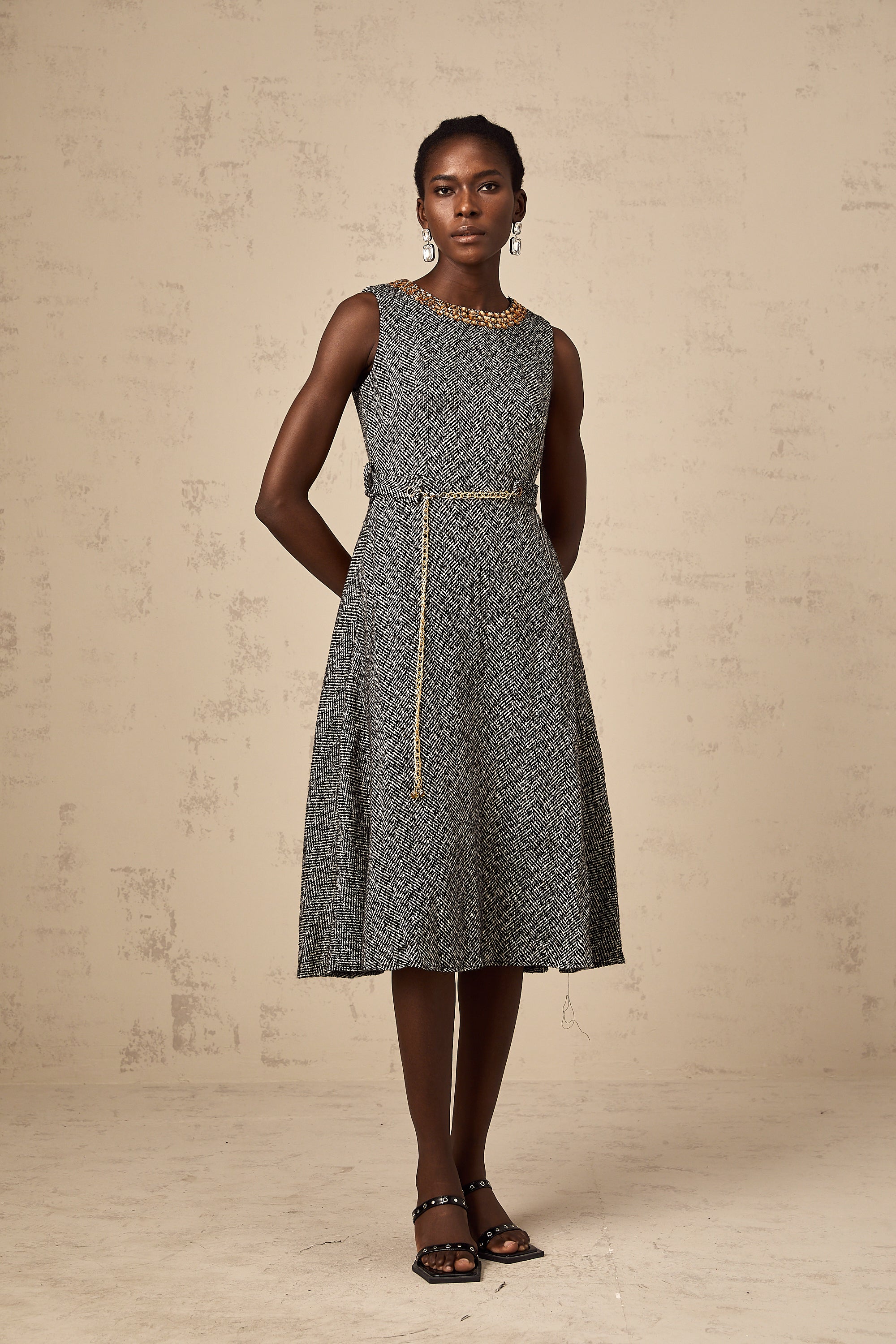 Valentine grey crystal sleeveless tweed midi dress