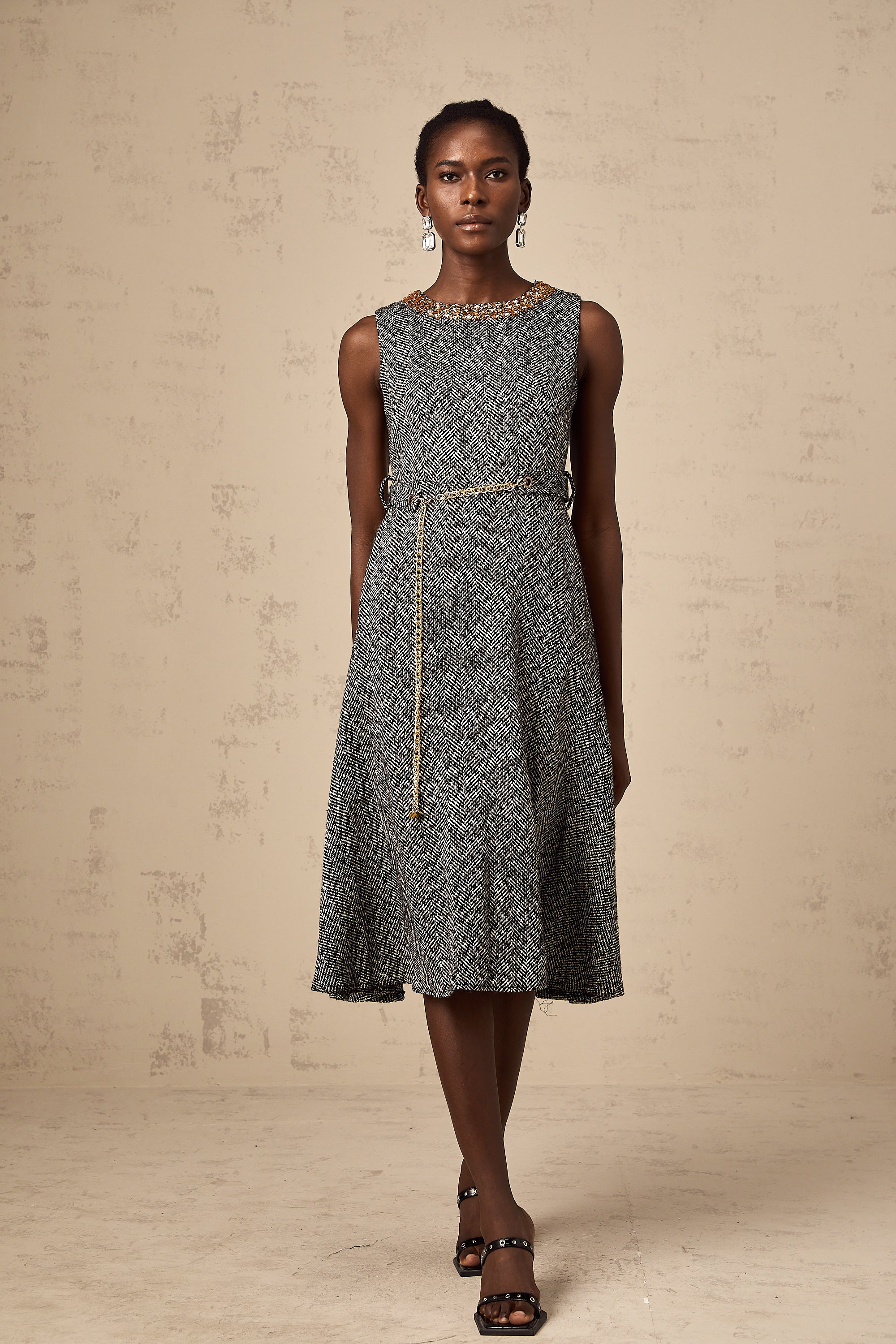 Valentine grey crystal sleeveless tweed midi dress