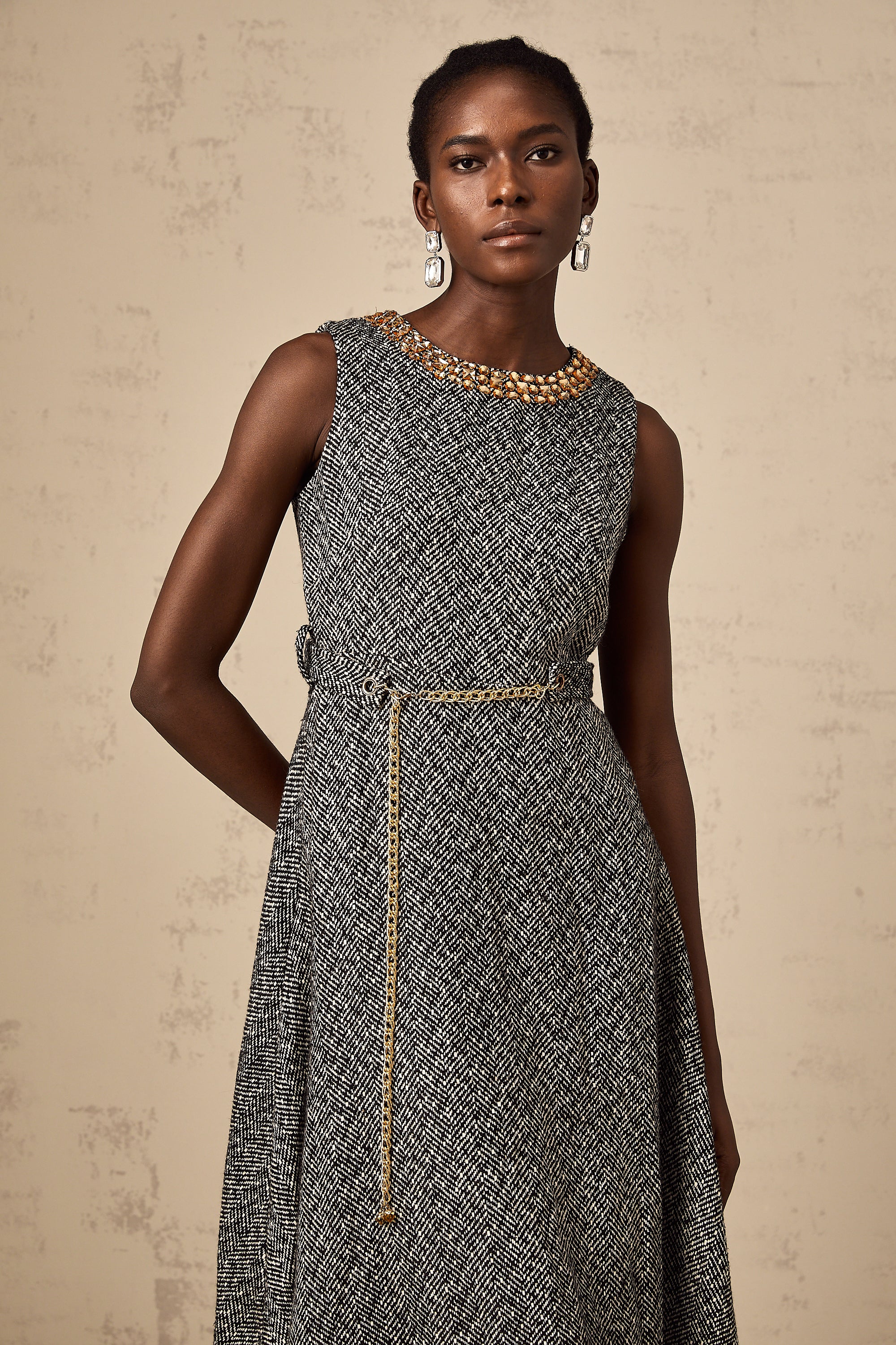 Valentine grey crystal sleeveless tweed midi dress