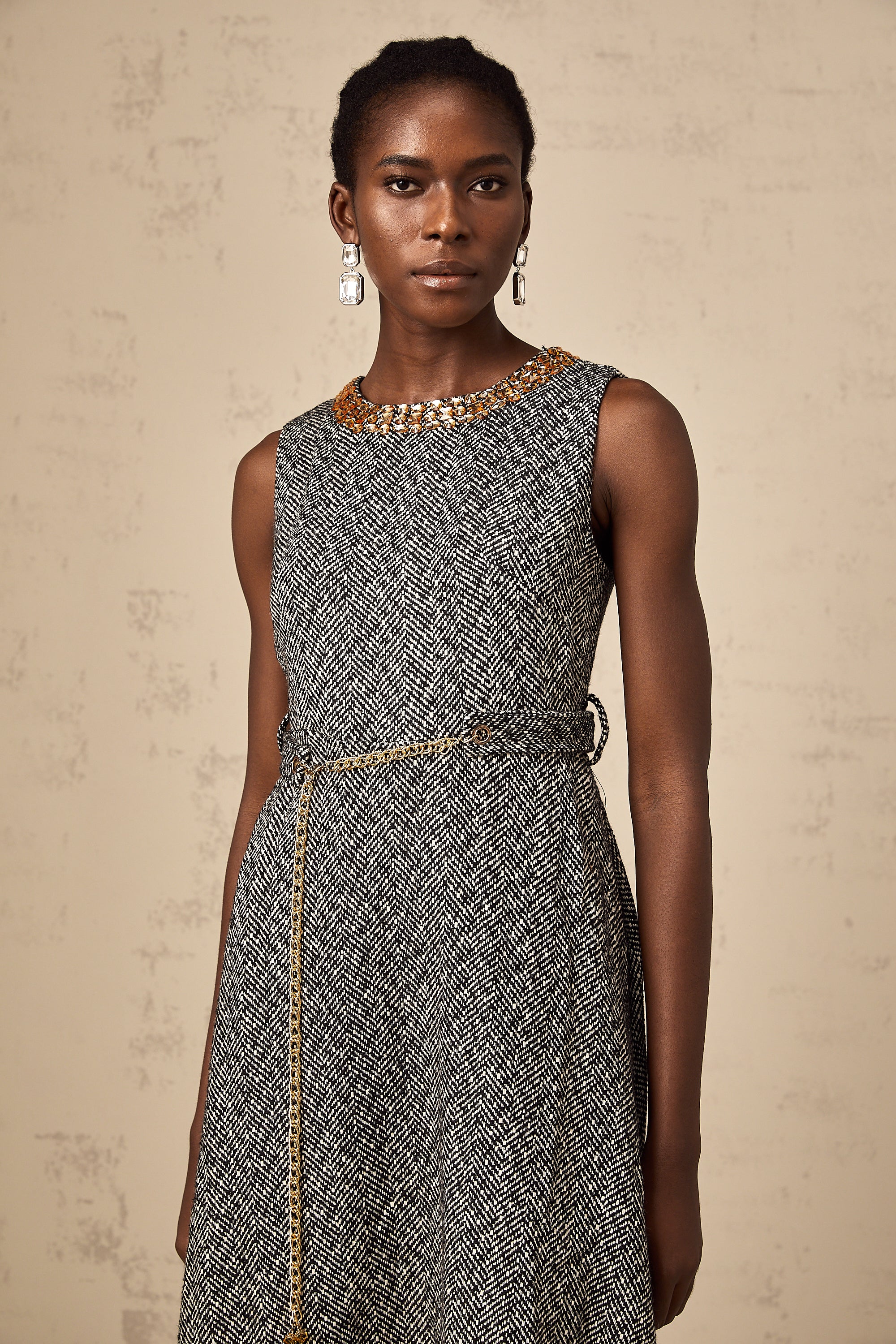 Valentine grey crystal sleeveless tweed midi dress