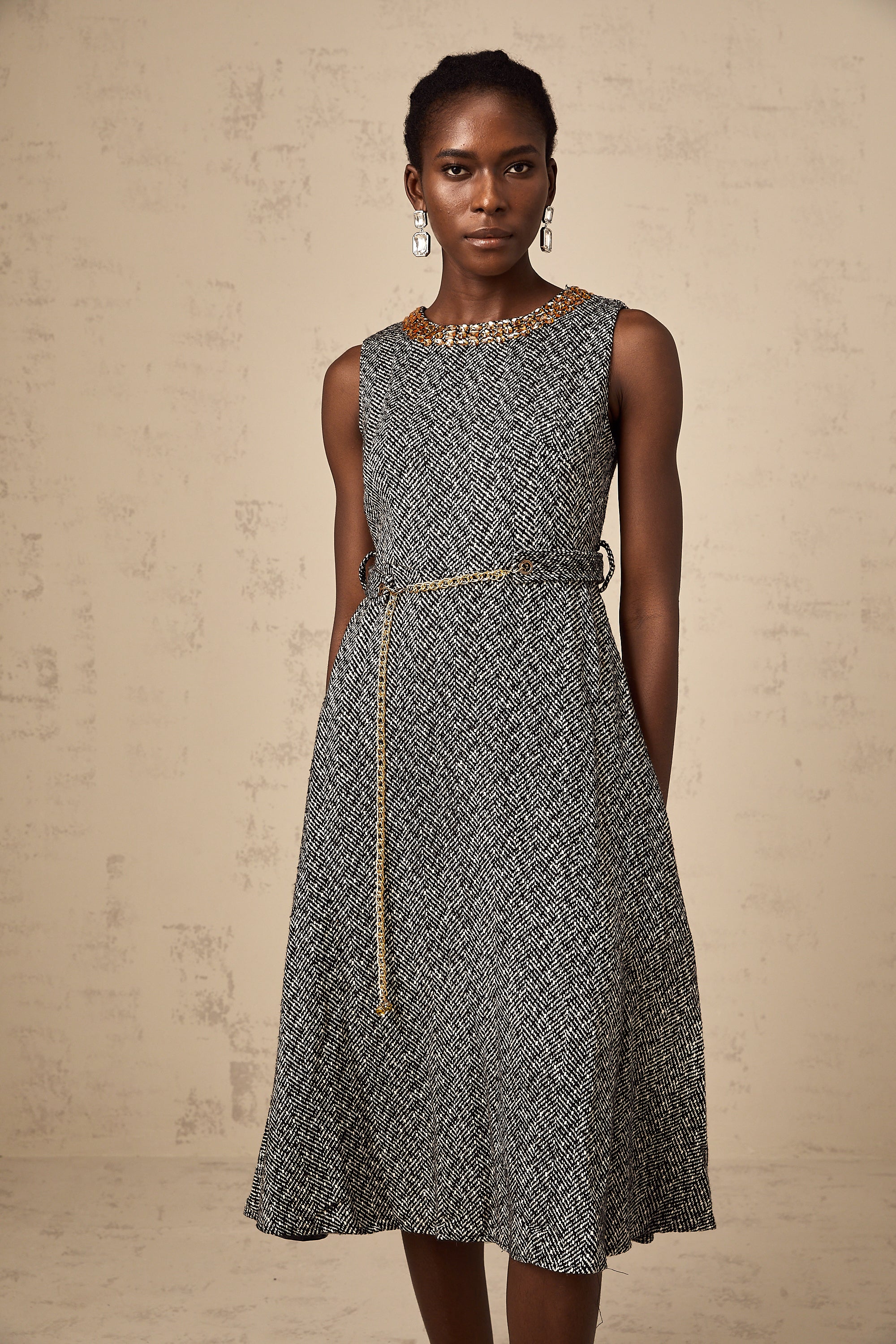 Valentine grey crystal sleeveless tweed midi dress