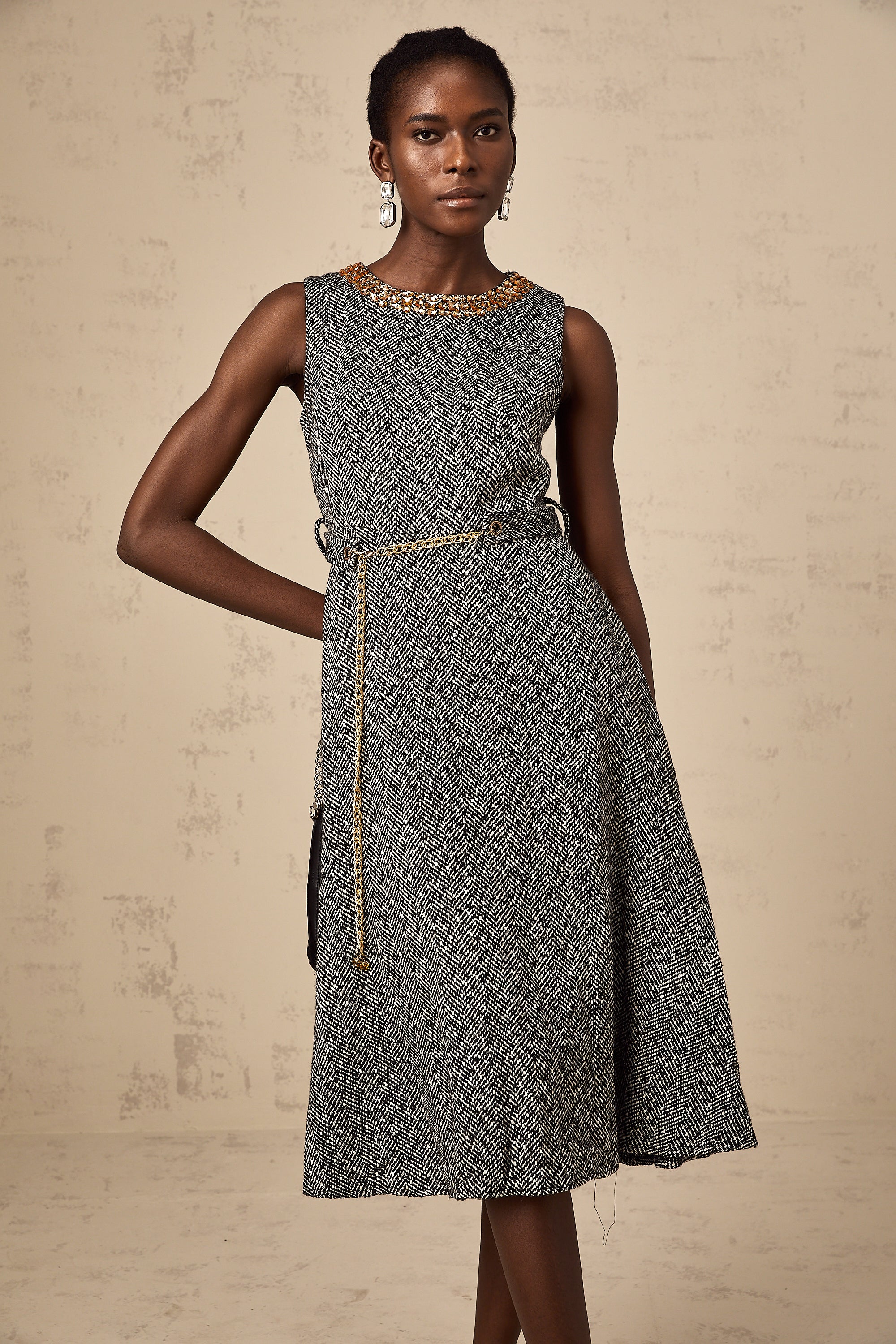 Valentine grey crystal sleeveless tweed midi dress