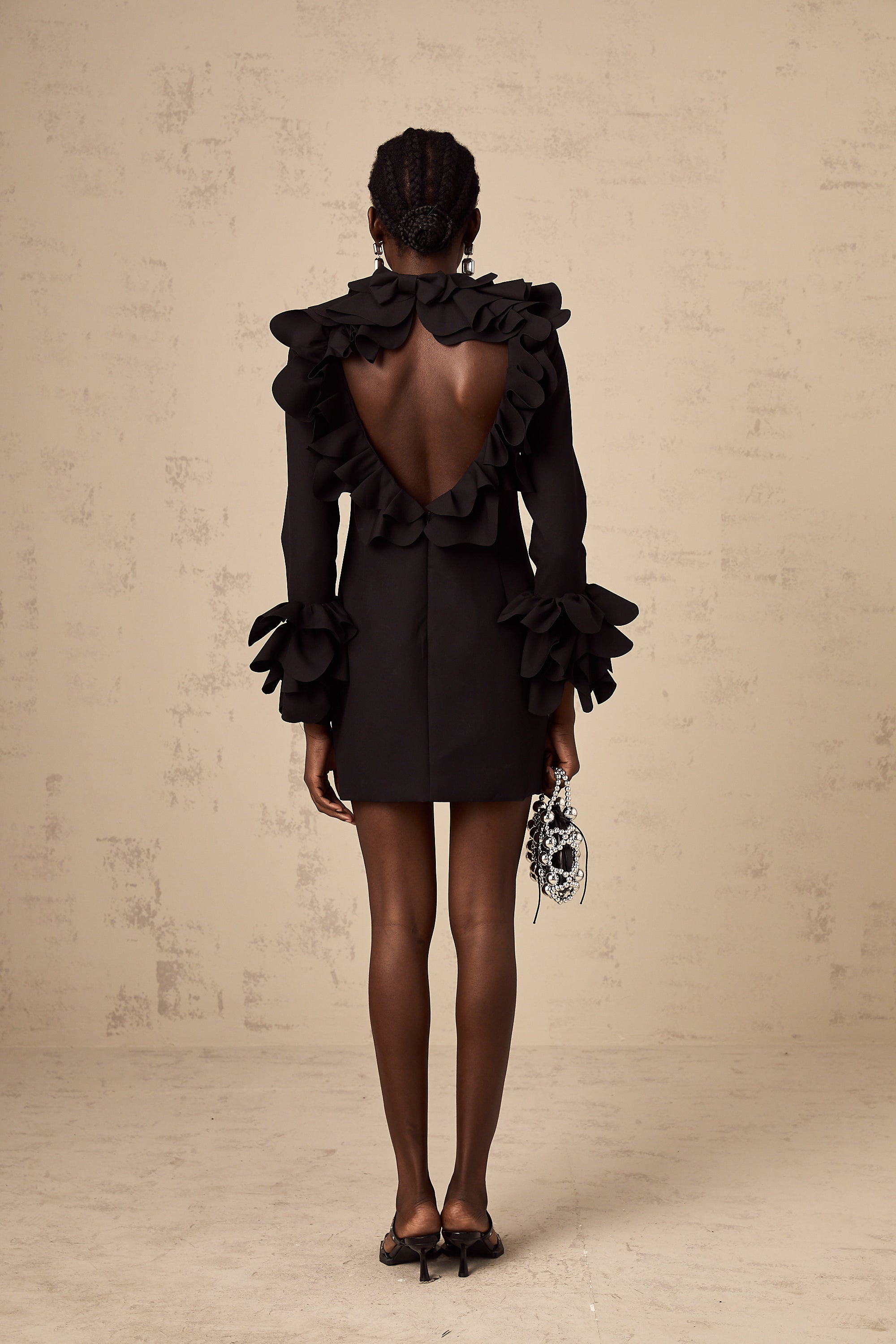 Priscille black ruffled open-back mini dress