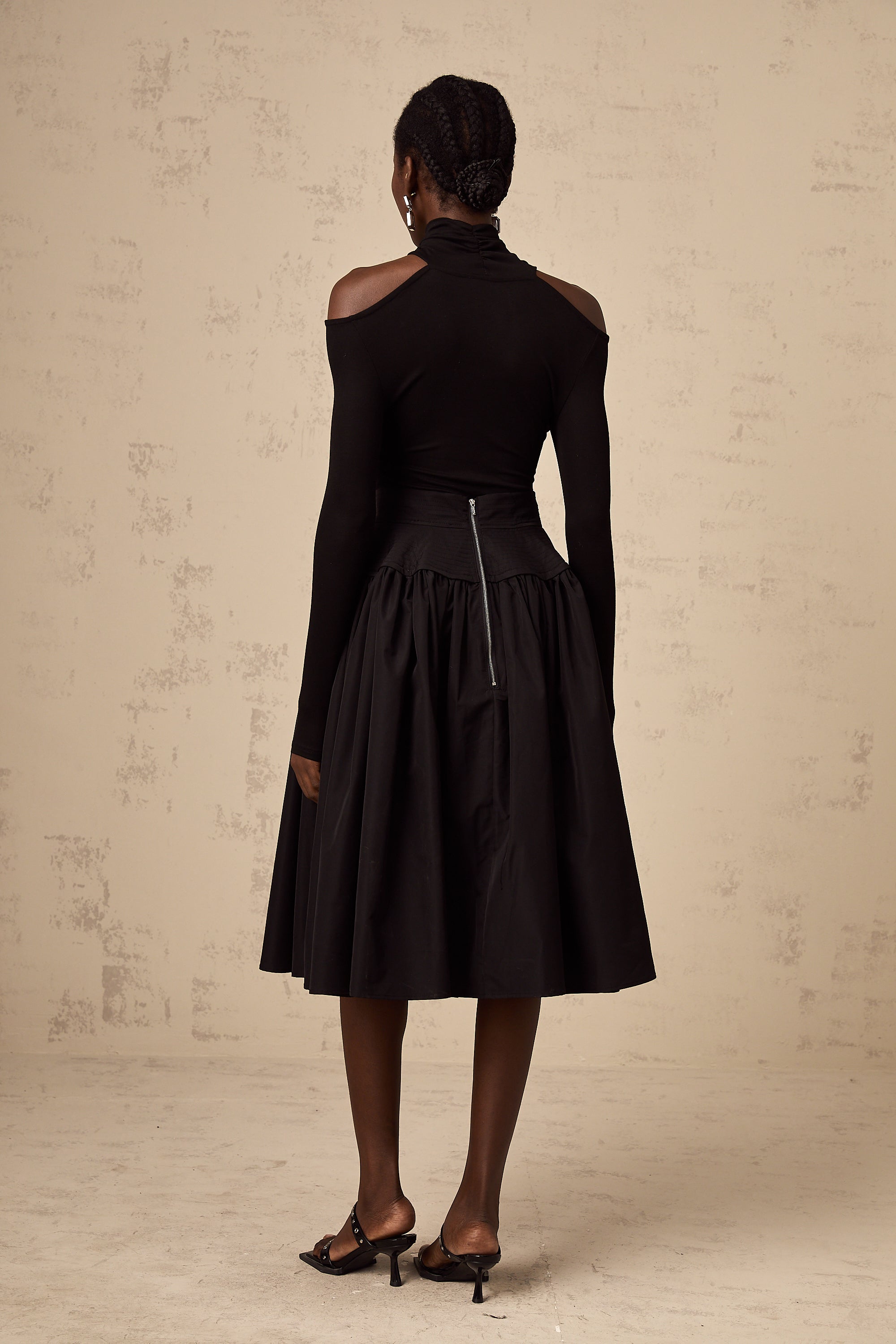 Pauline black pleated flared midi skirt