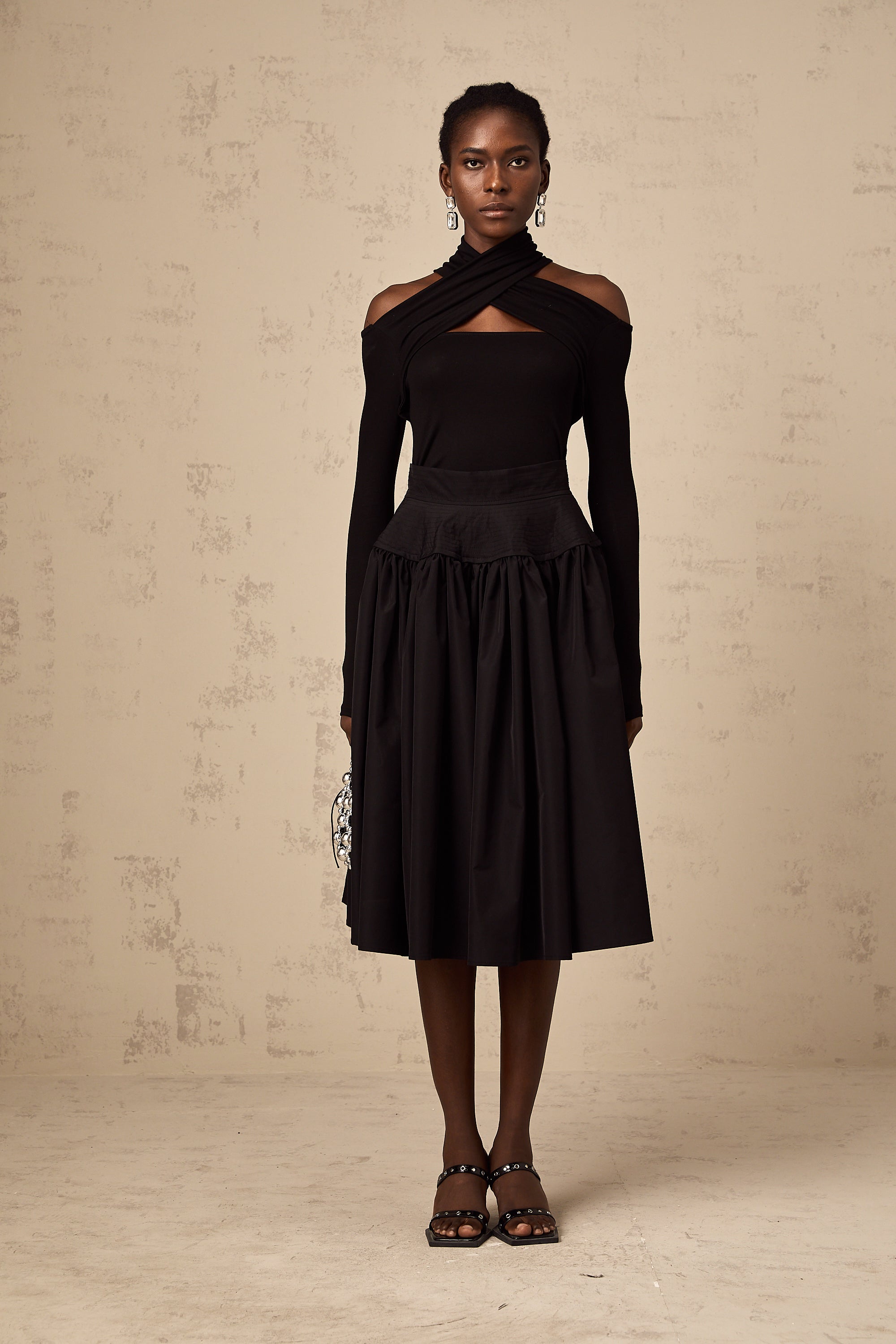 Pauline black pleated flared midi skirt