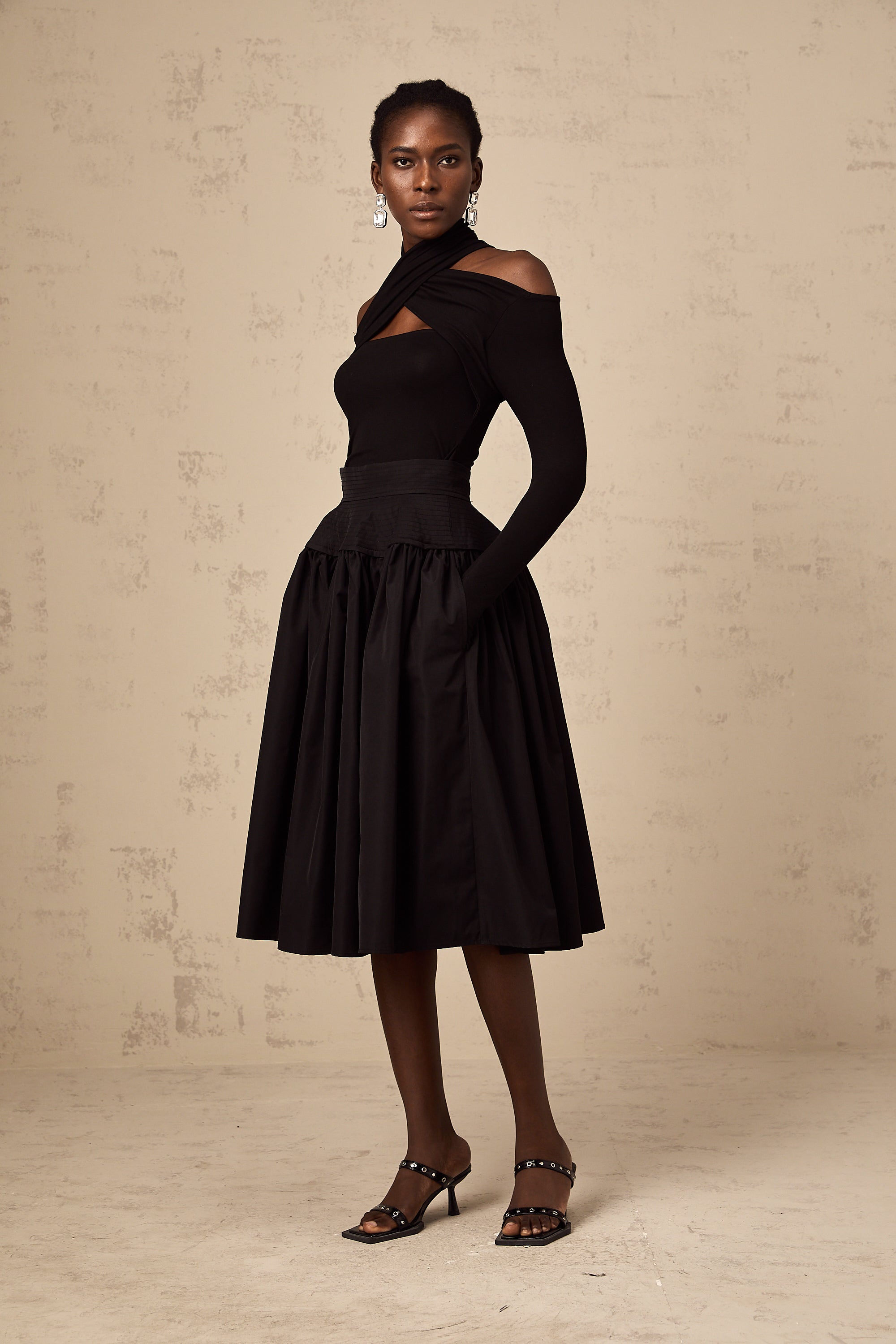 Pauline black pleated flared midi skirt