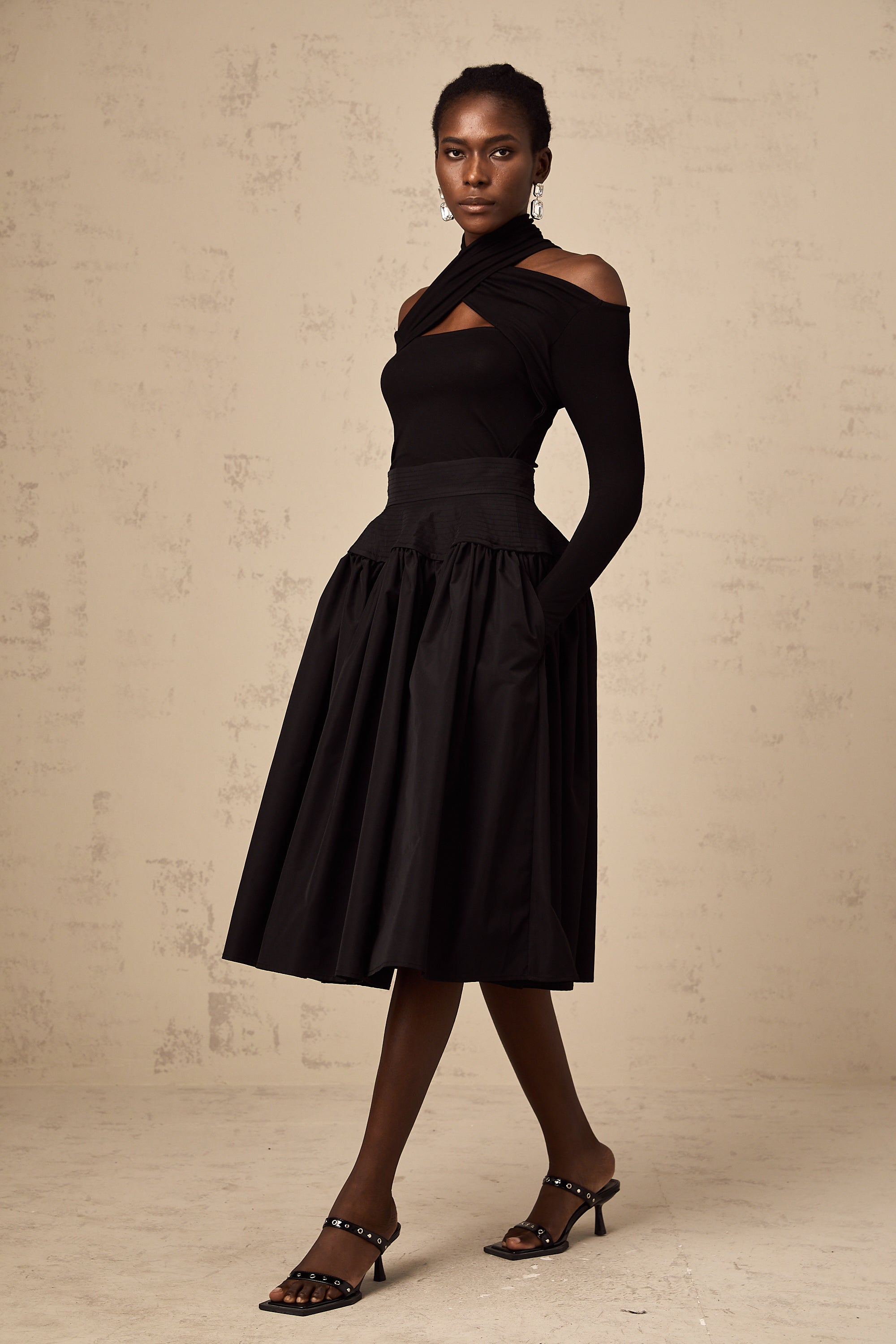 Pauline black pleated flared midi skirt