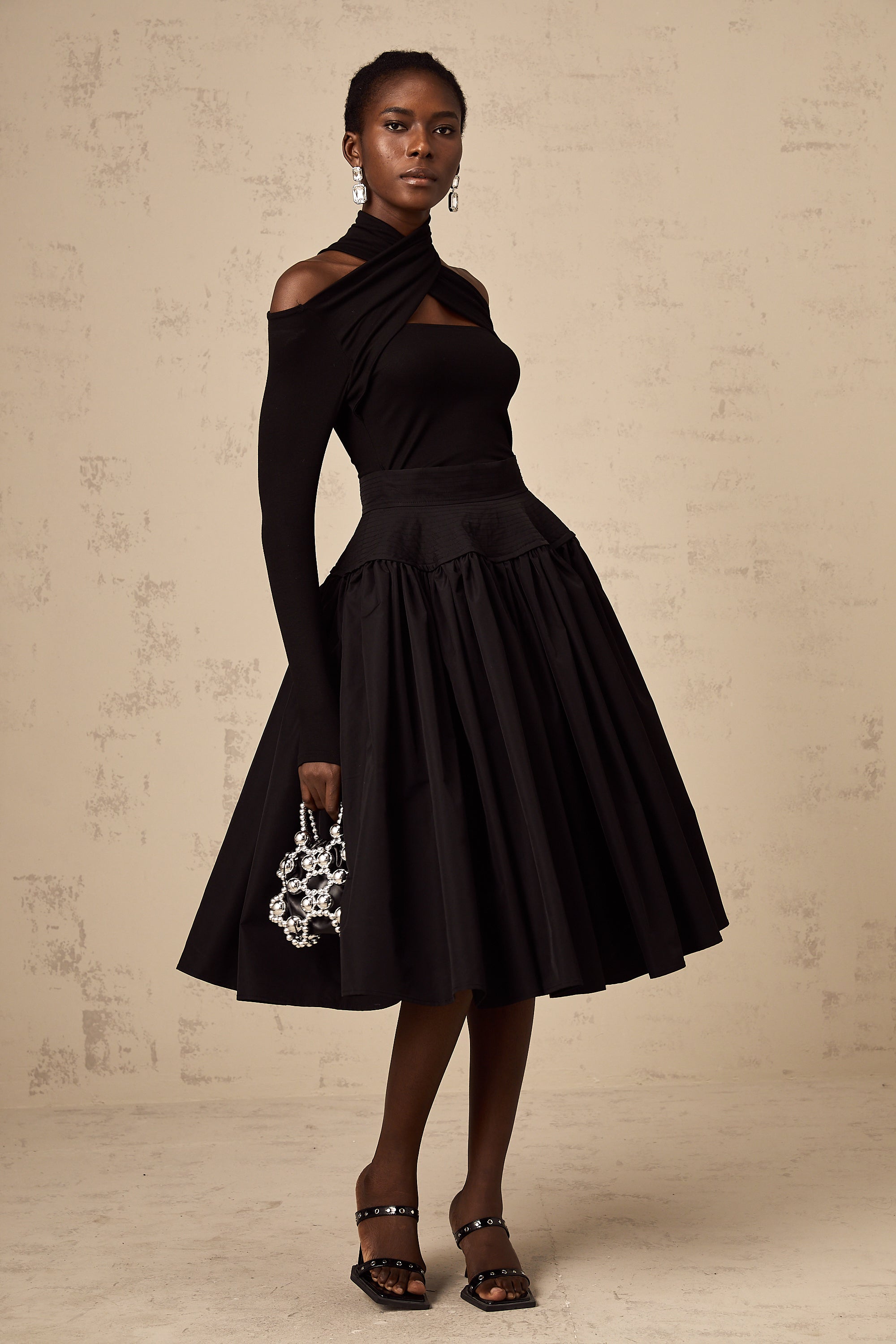 Pauline black pleated flared midi skirt