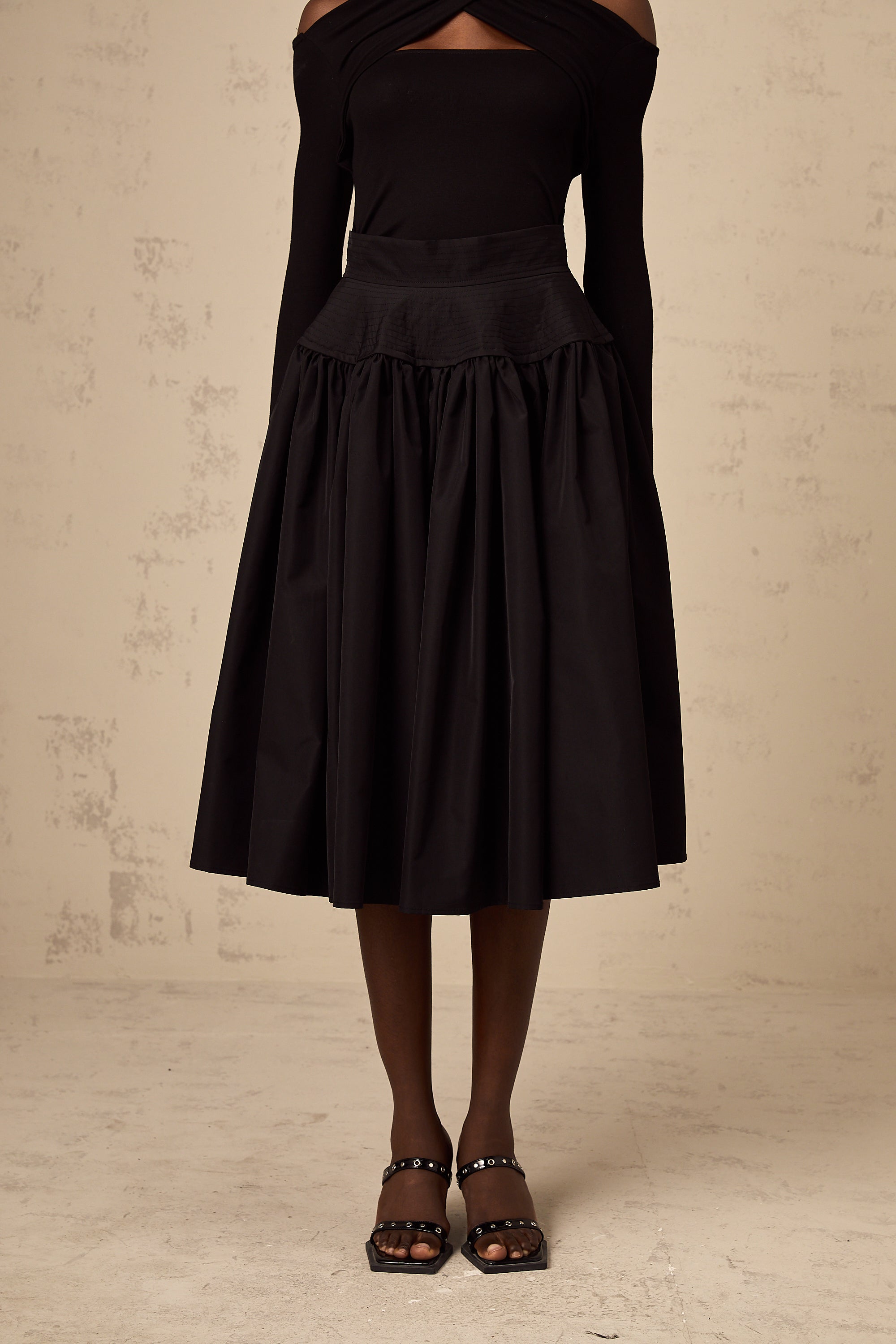 Pauline black pleated flared midi skirt