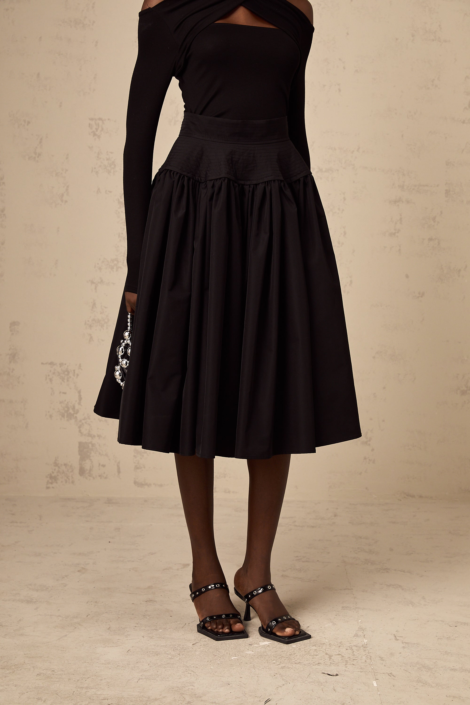 Pauline black pleated flared midi skirt