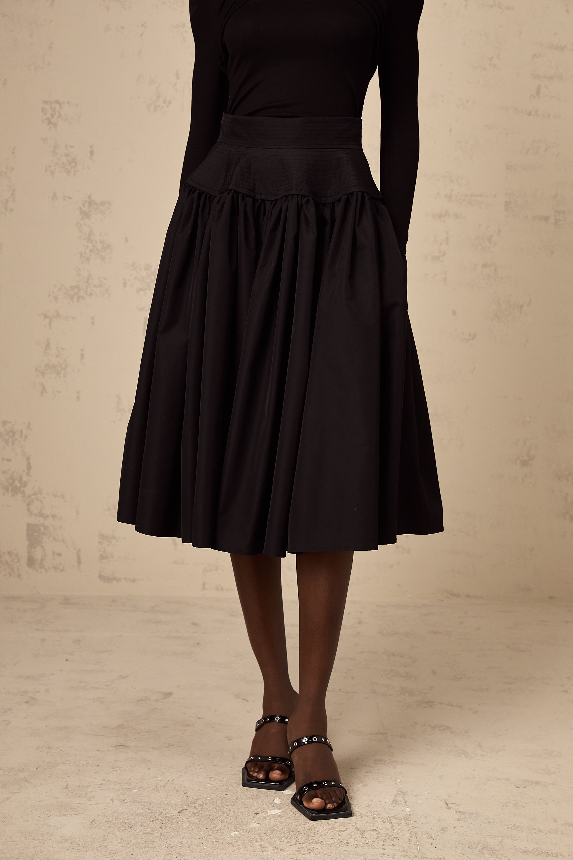 Pauline black pleated flared midi skirt