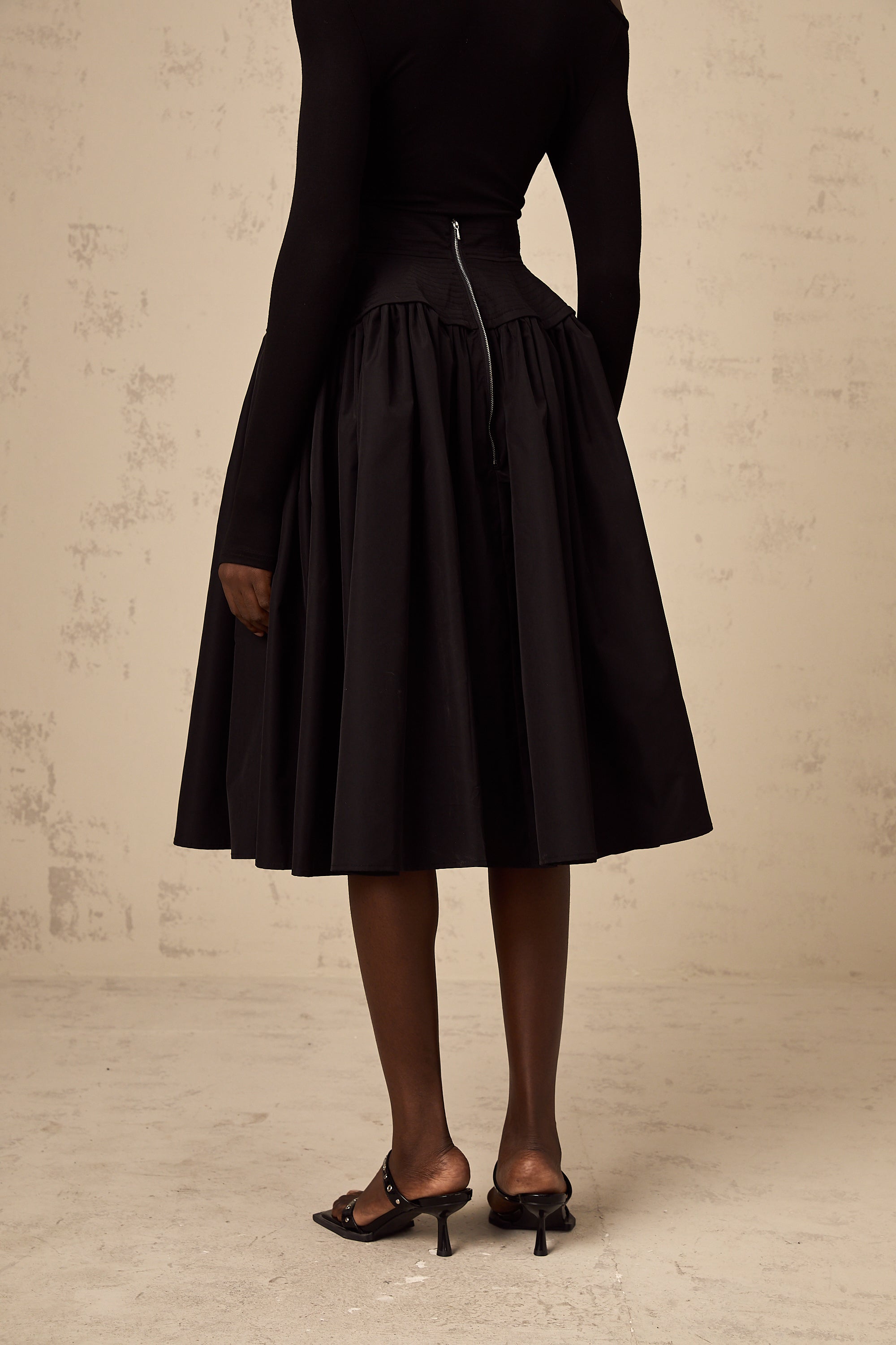 Pauline black pleated flared midi skirt