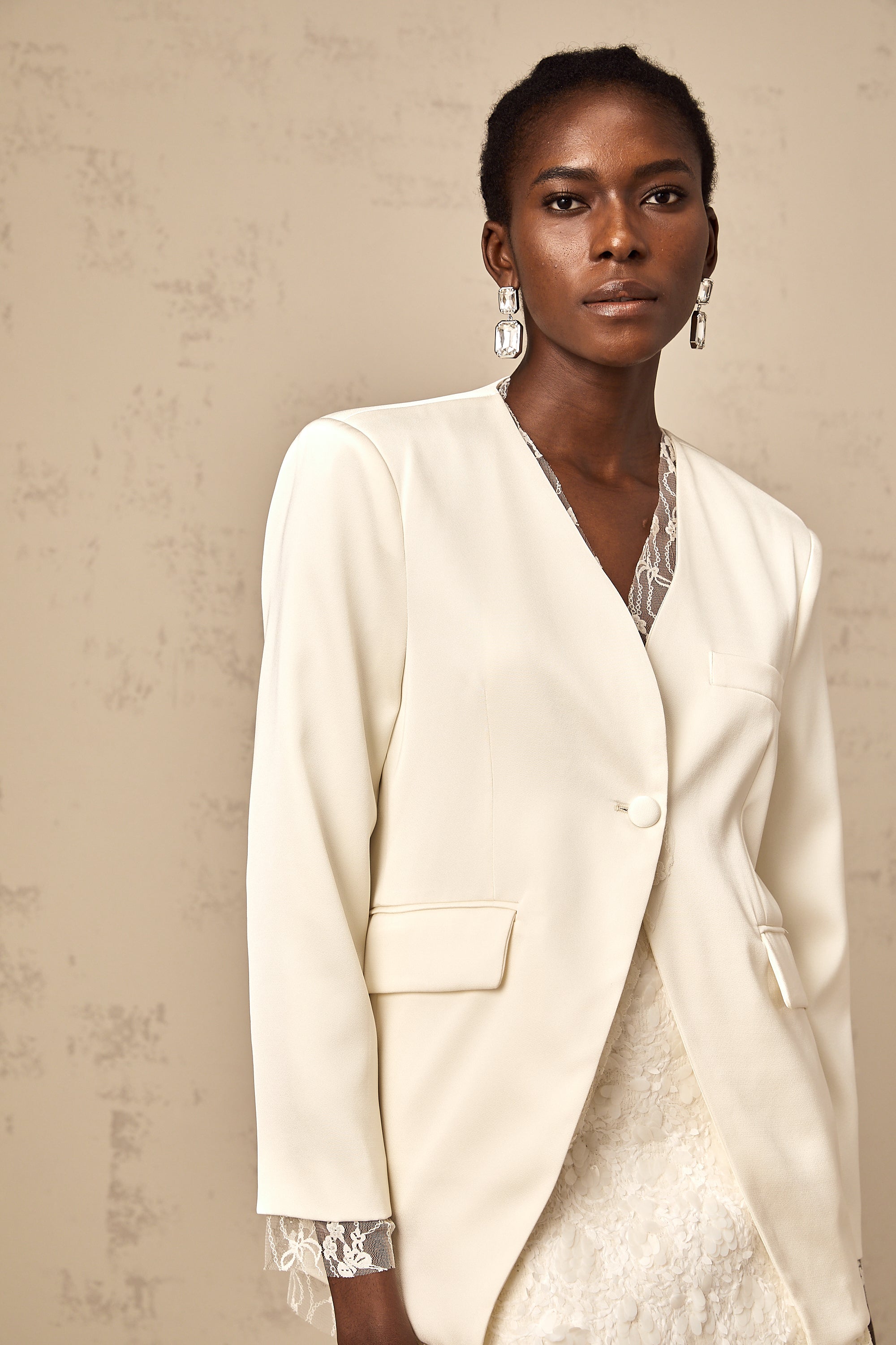 Ludovica white lace-trimmed panelled leather blazer