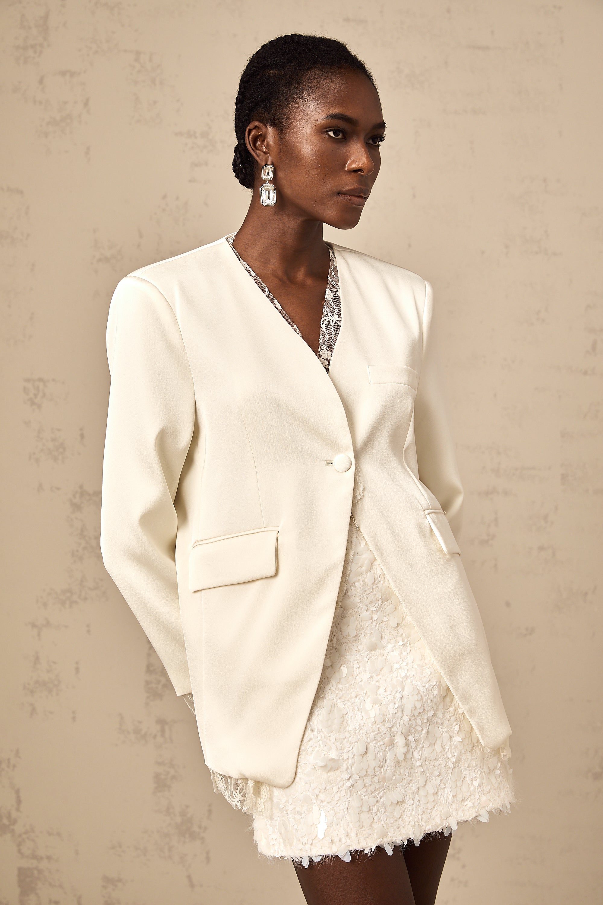 Ludovica white lace-trimmed panelled leather blazer