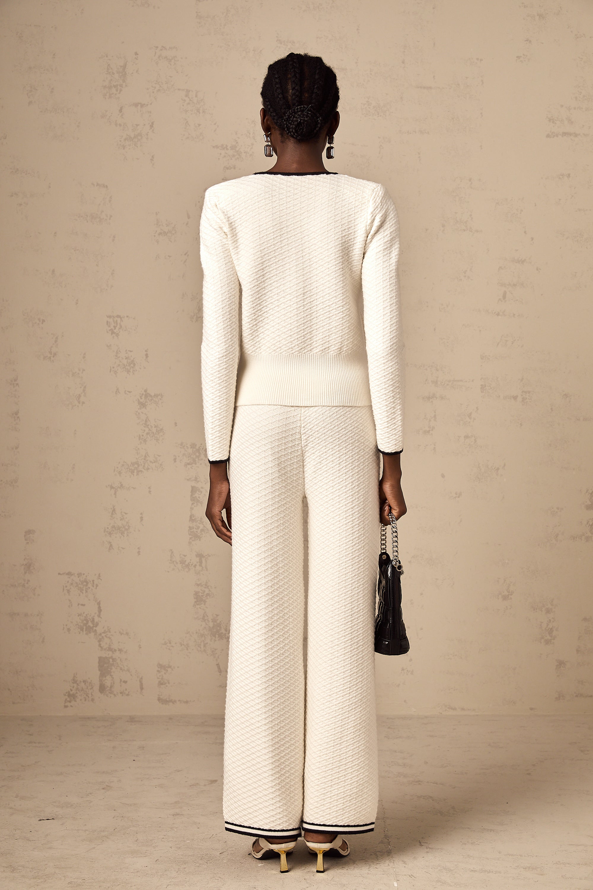 Coline white contrast-trim knitted cardigan & trousers matching set