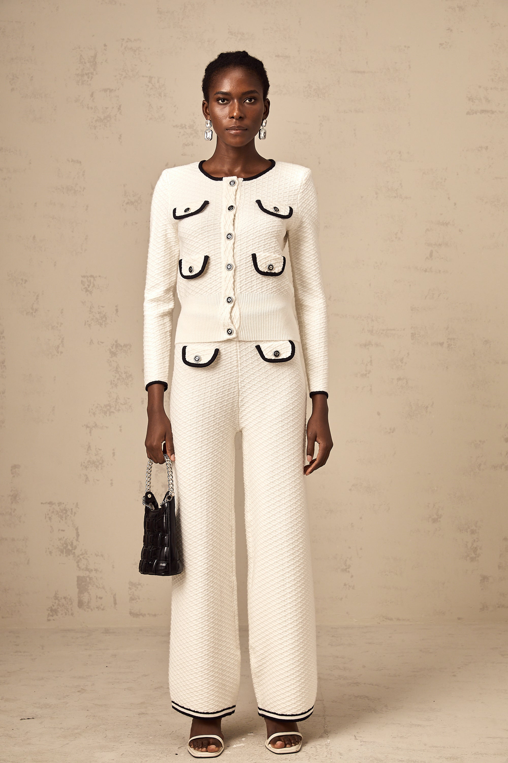 Coline white contrast-trim knitted cardigan & trousers matching set