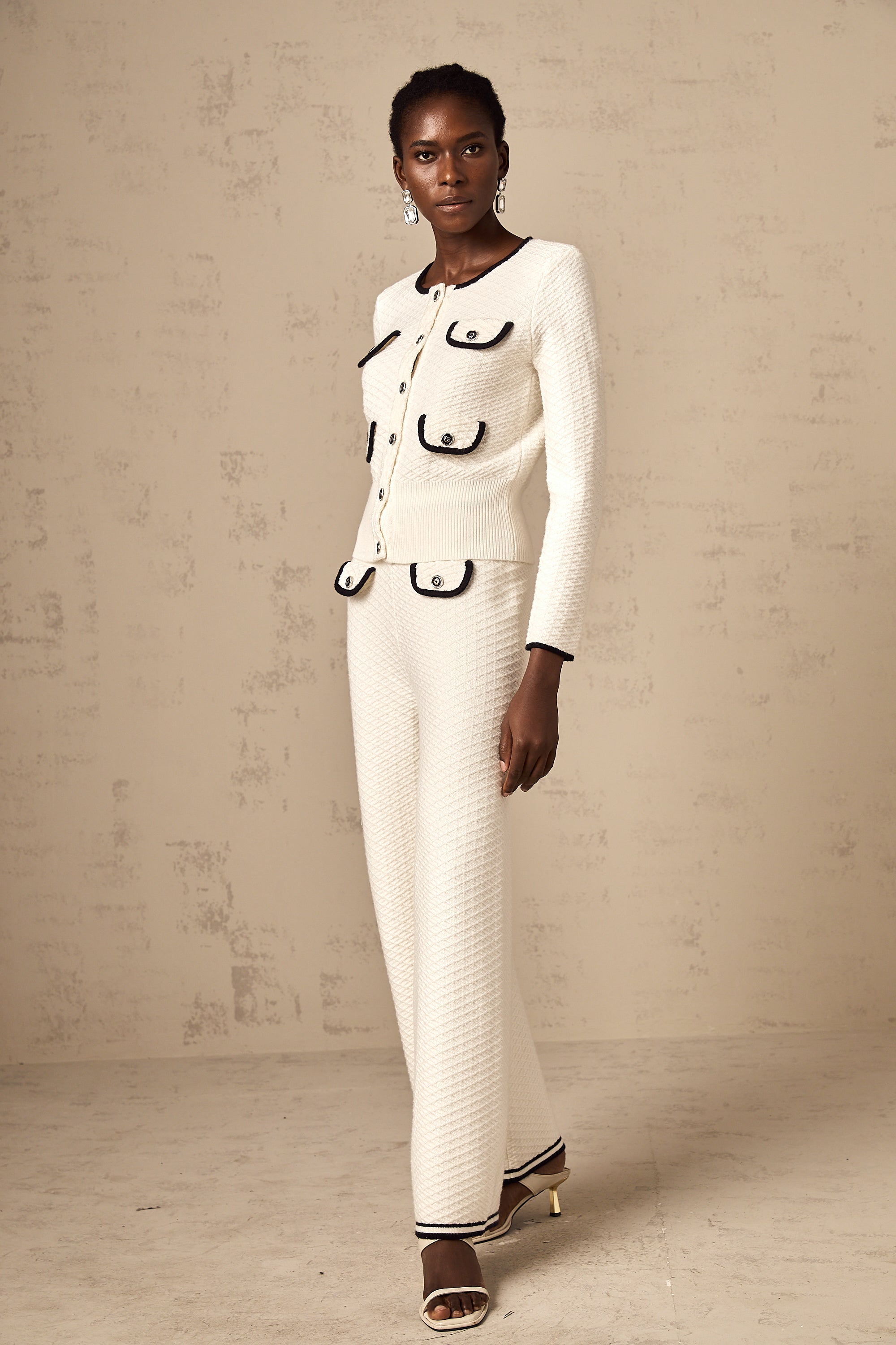 Coline white contrast-trim knitted cardigan & trousers matching set