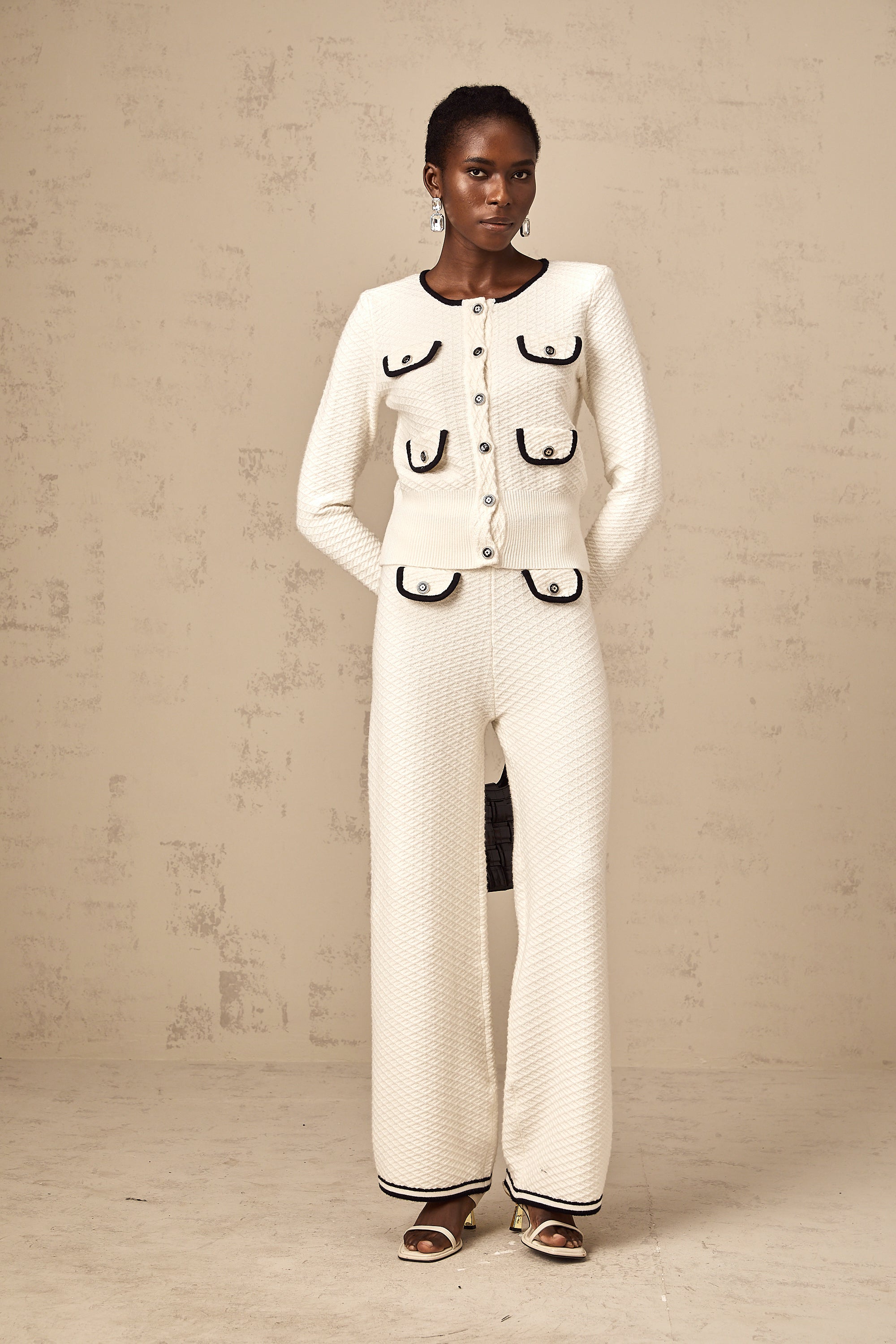 Coline white contrast-trim knitted cardigan & trousers matching set