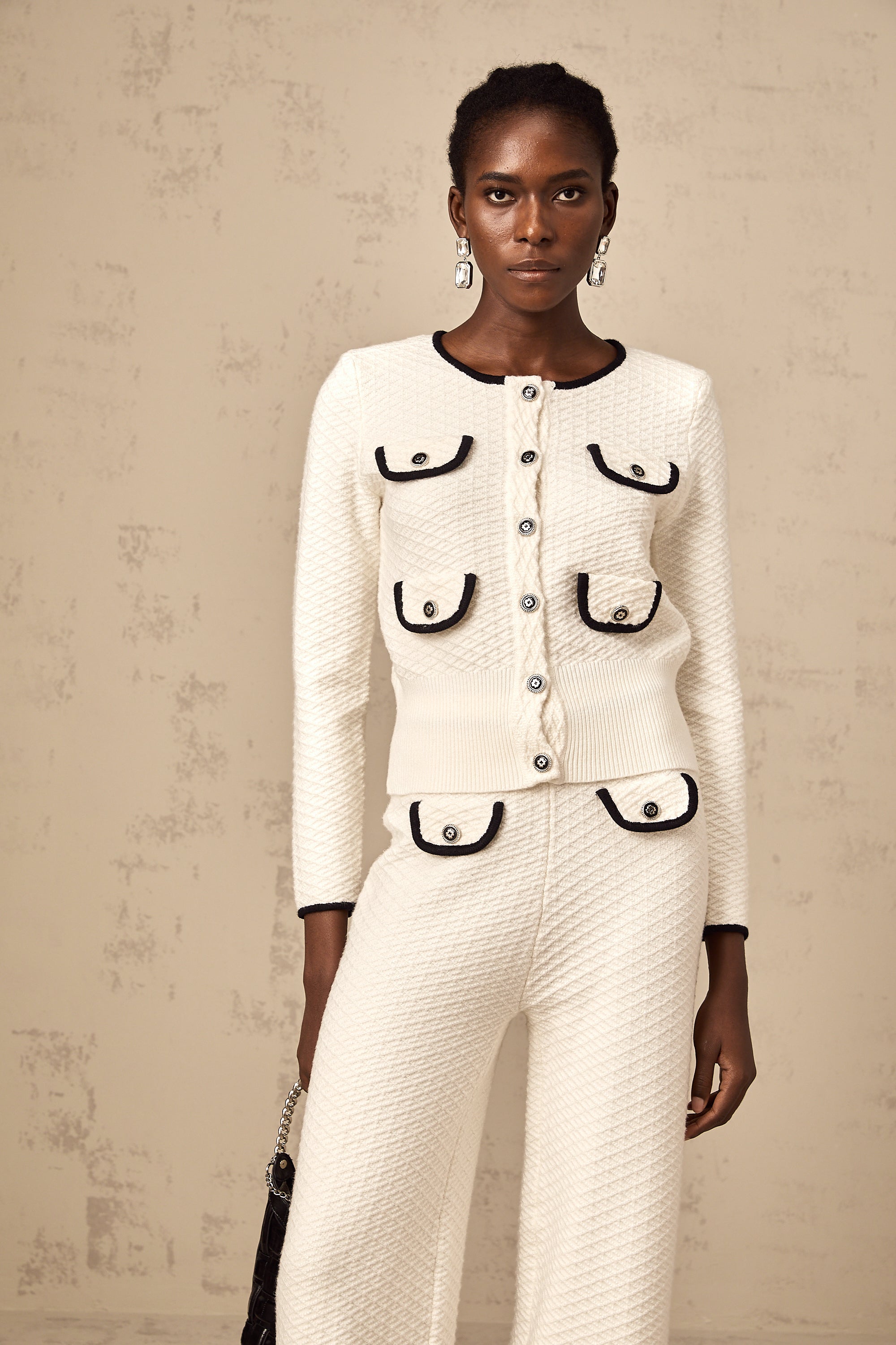 Coline white contrast-trim knitted cardigan & trousers matching set