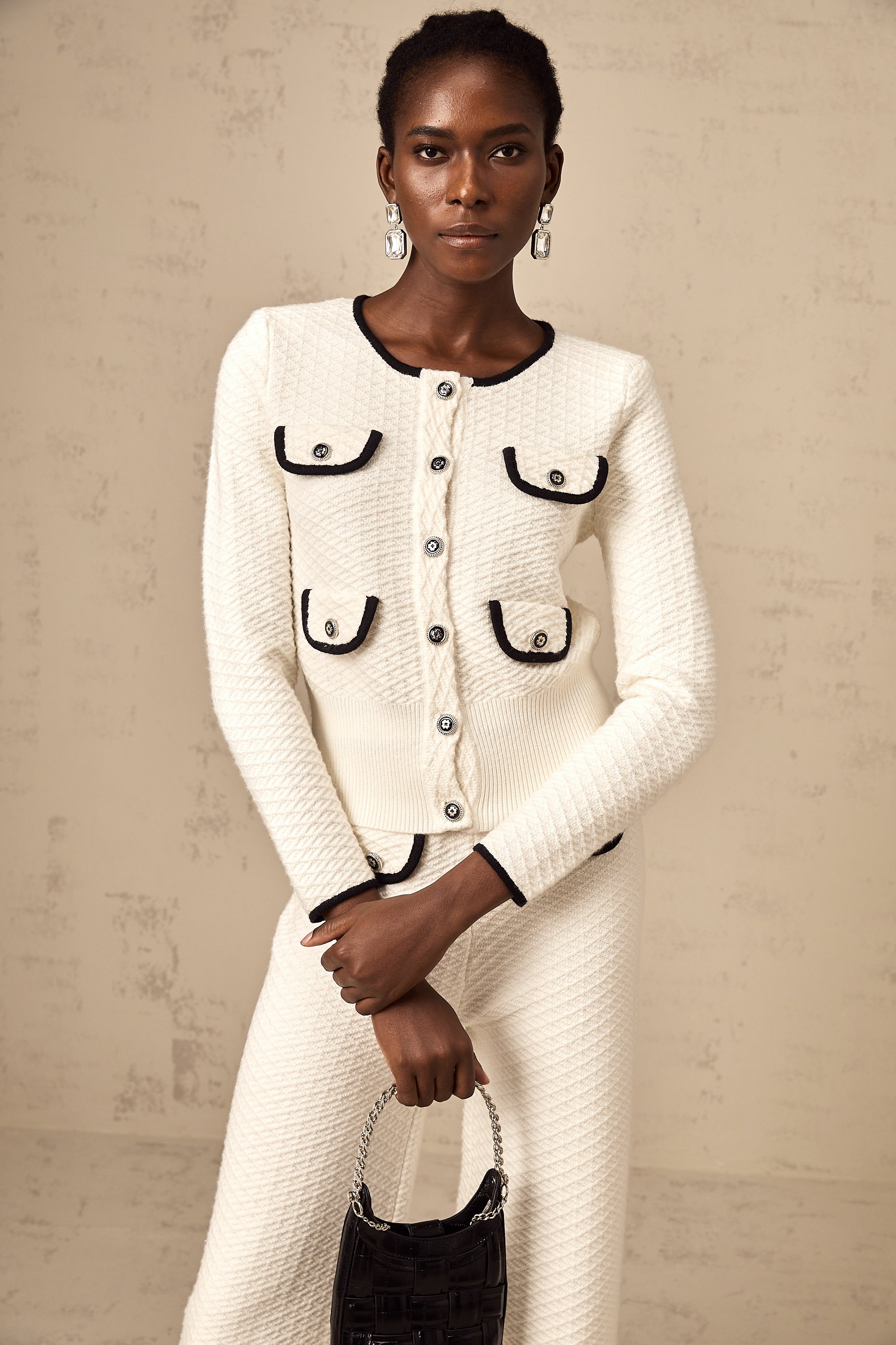 Coline white contrast-trim knitted cardigan & trousers matching set