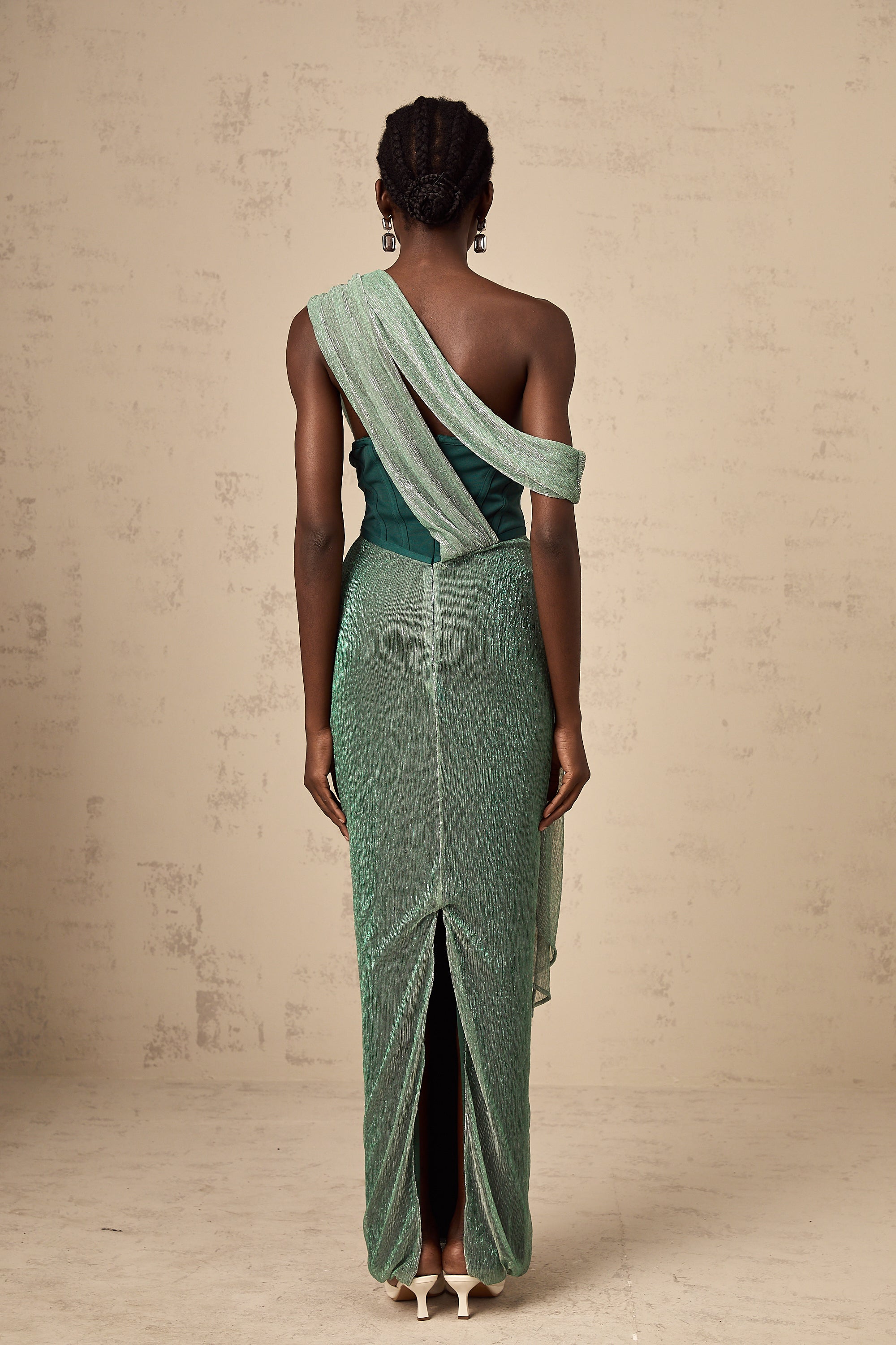 Delphine green ribbon-design corset maxi dress